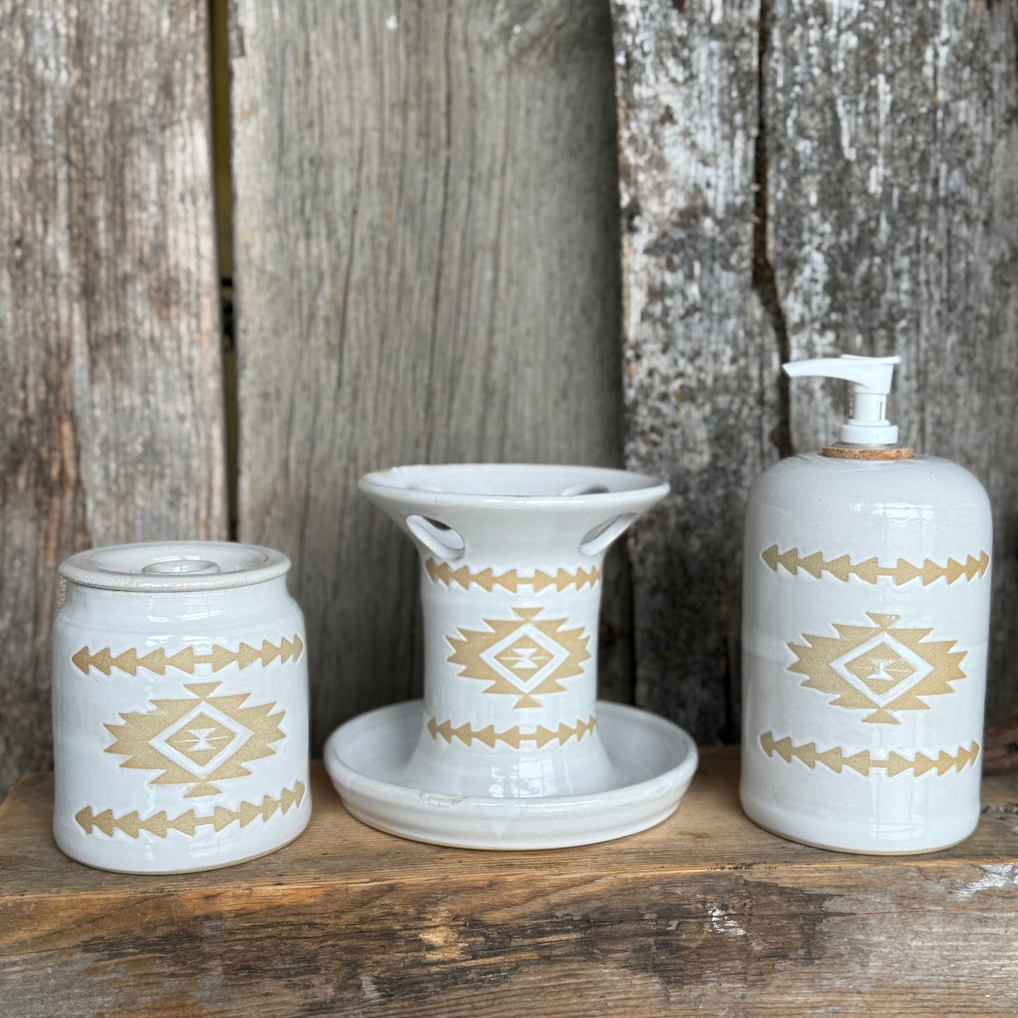 Bathroom Set of 3 - Soap Bottle, canister, and toothbrush holder - Southwestern White