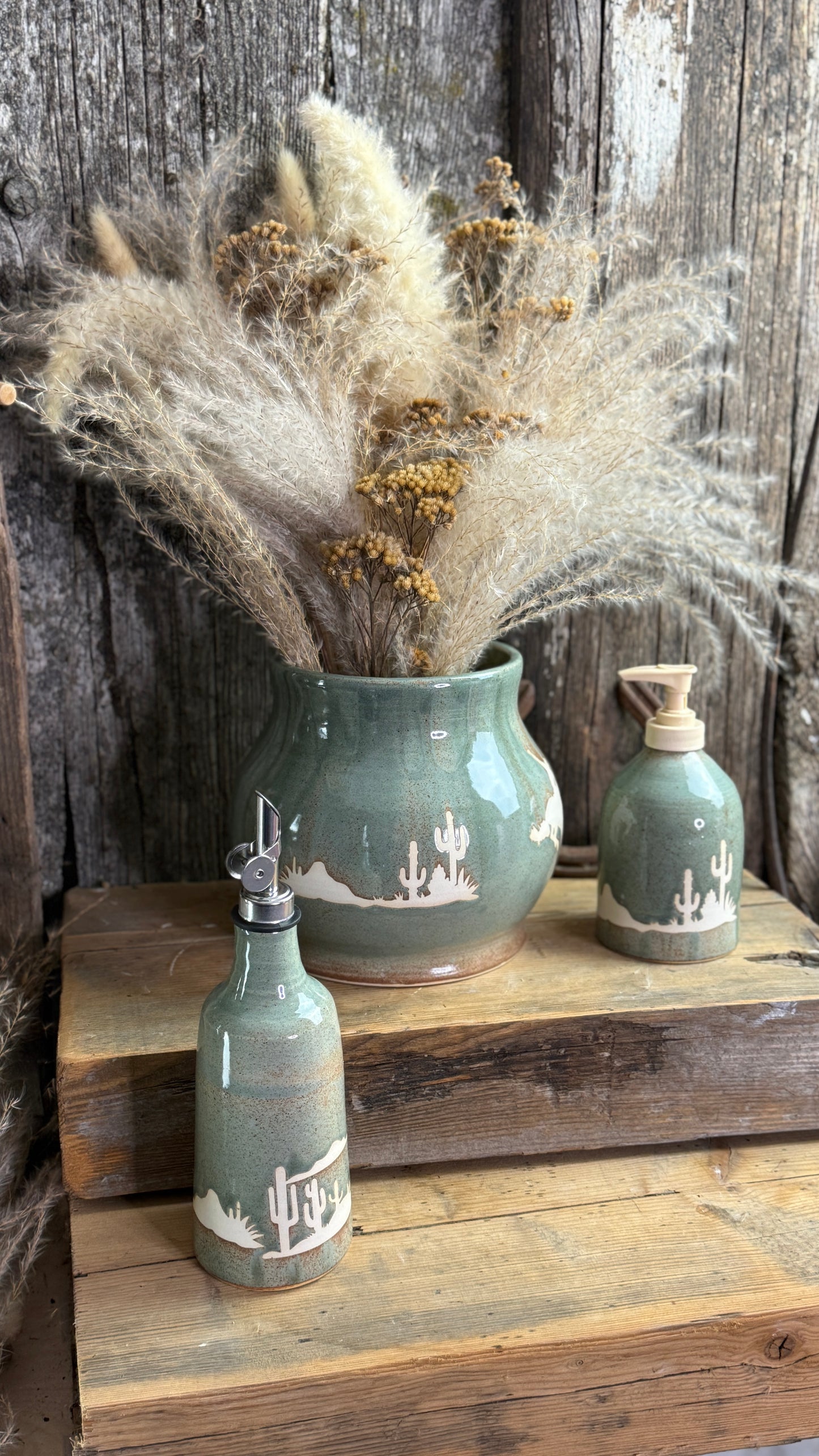 Kitchen crock set with oil and soap bottle- Desert Sagebrush