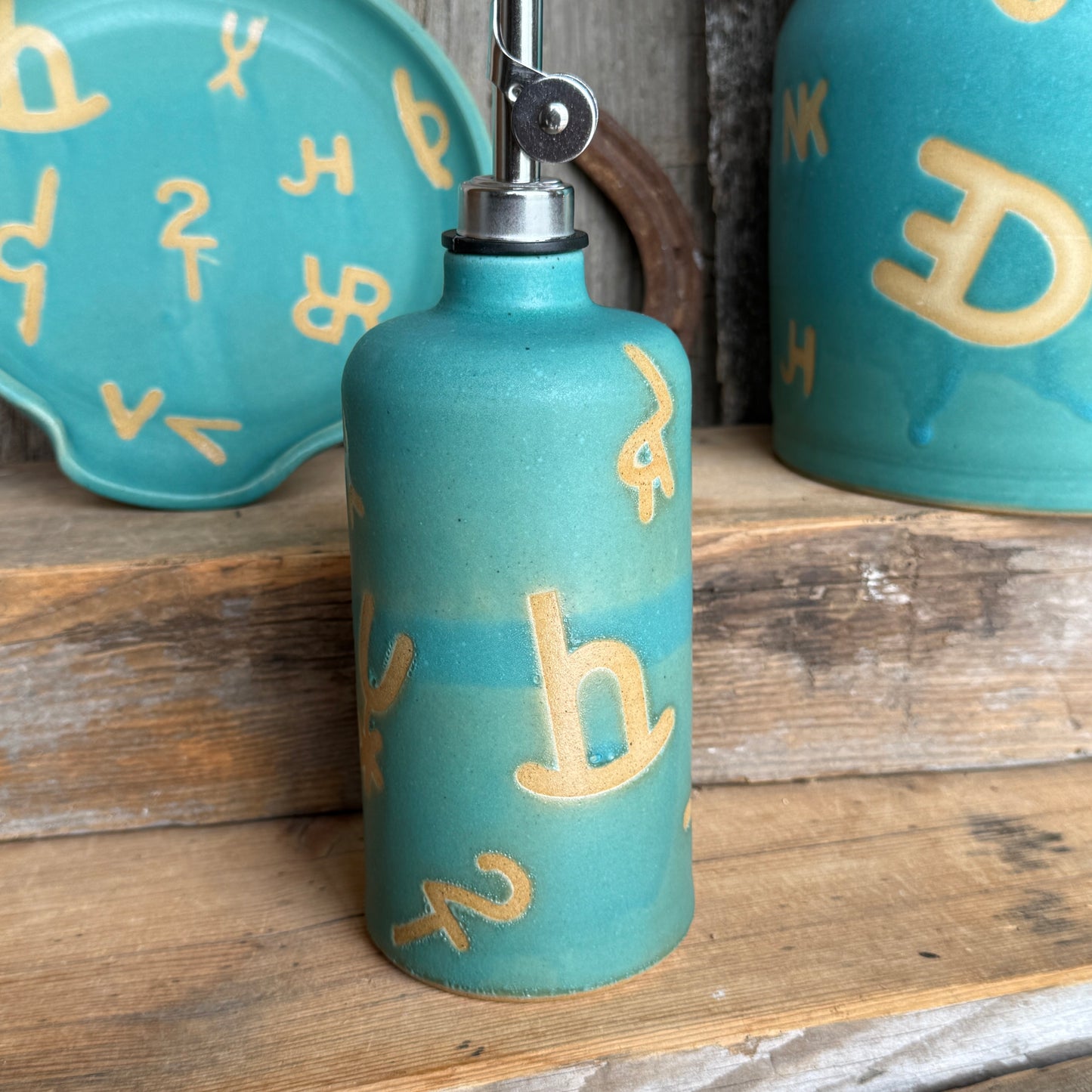 Kitchen Utensil Crock, spoon rest and Oil Bottle - Branded Turquoise
