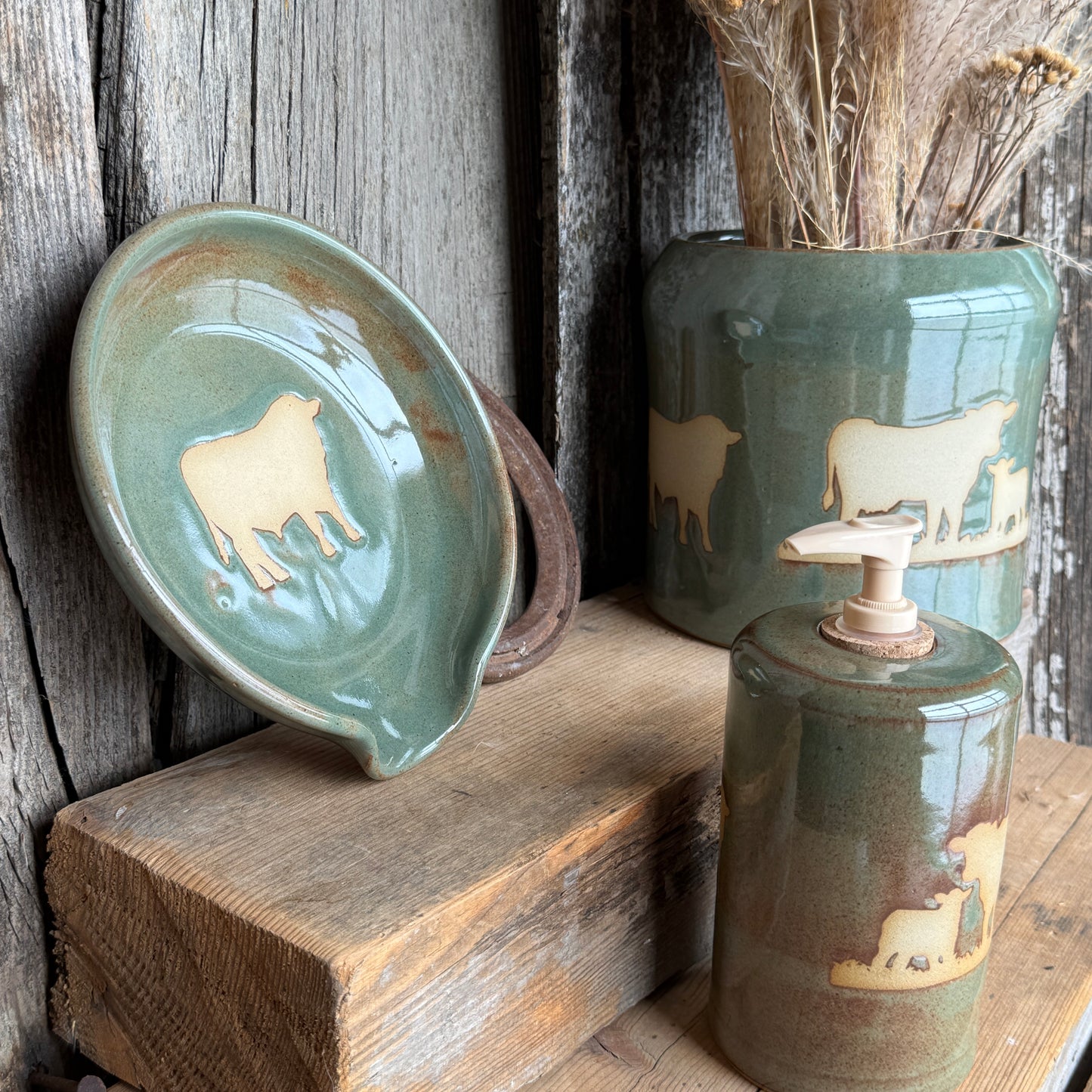 Kitchen Utensil Crock, spoon rest and soap dispenser Cow Calf Sagebrush