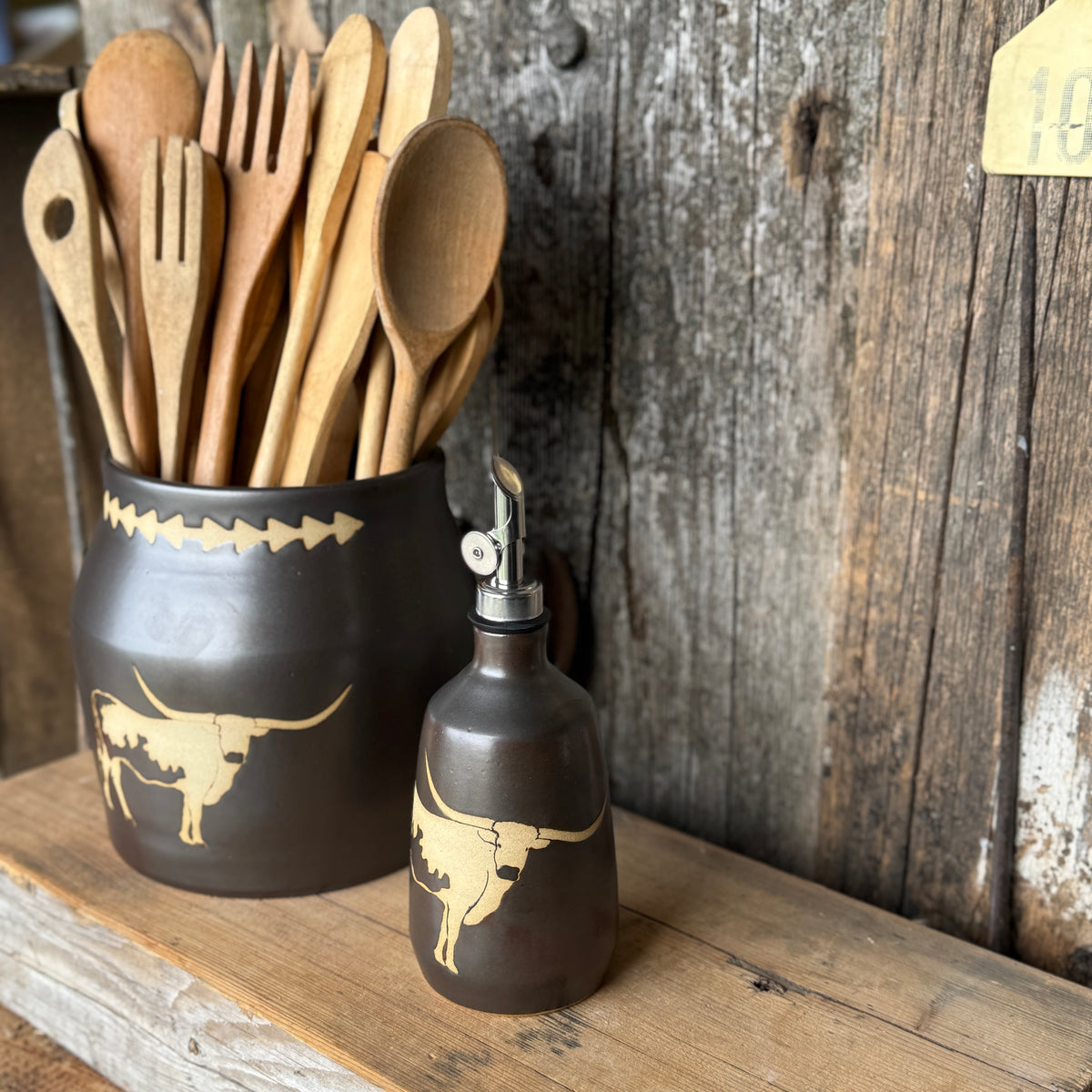 Kitchen Utensil Crock,and Oil Bottle - Leather Longhorn