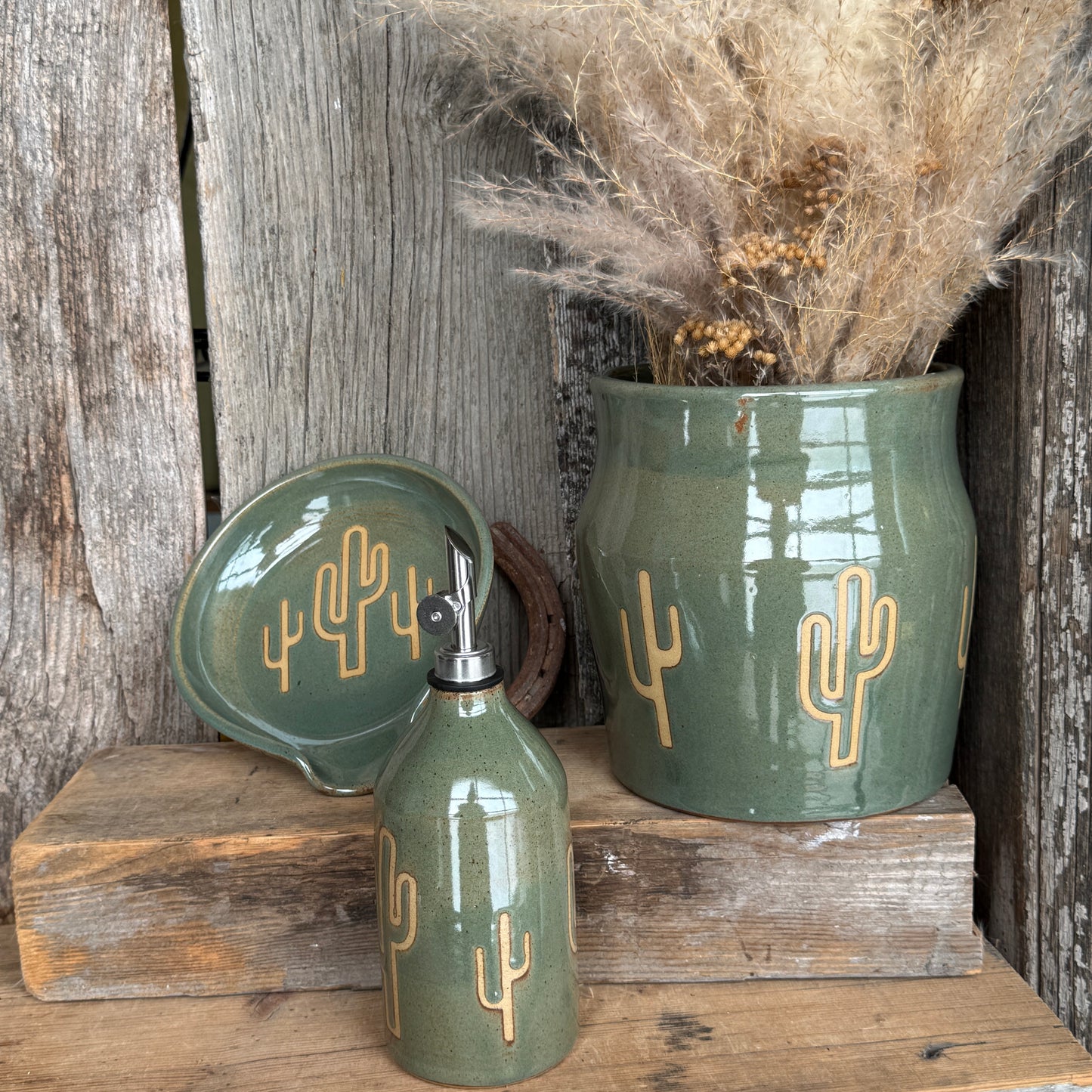 Kitchen Utensil Crock, spoon rest and Oil Bottle - Cactus Sagebrush