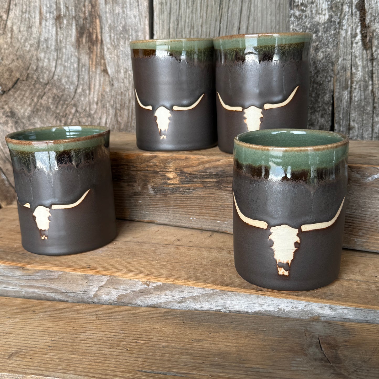 Cup Set of 4 - Longhorn Leather and Sagebrush