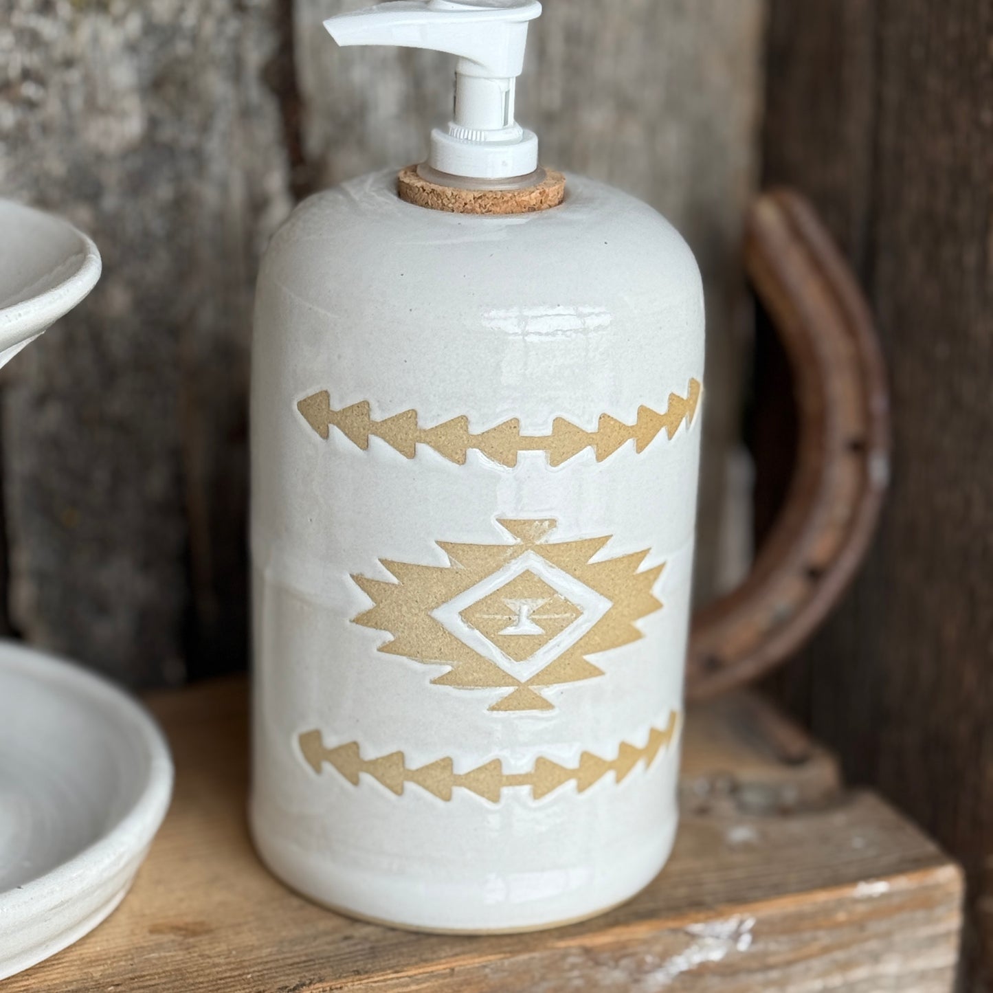 Bathroom Set of 3 - Soap Bottle, canister, and toothbrush holder - Southwestern White