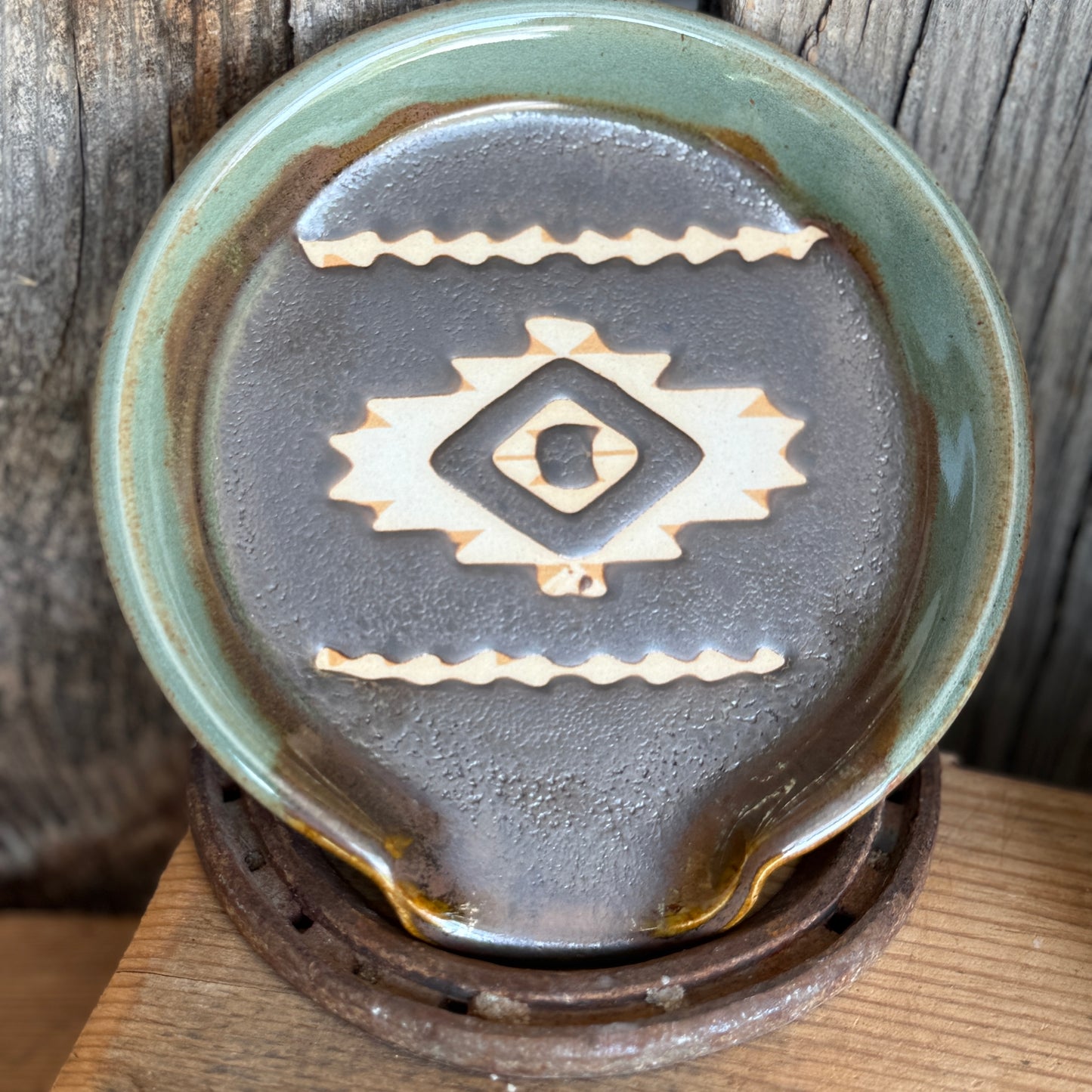 Soap dispenser and spoon rest -  southwestern Sagebrush and Leather