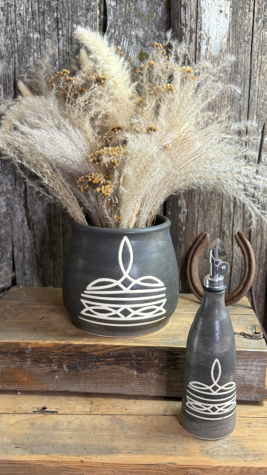 Kitchen Utensil Crock and oil bottle  - Boot Stitch River Rock