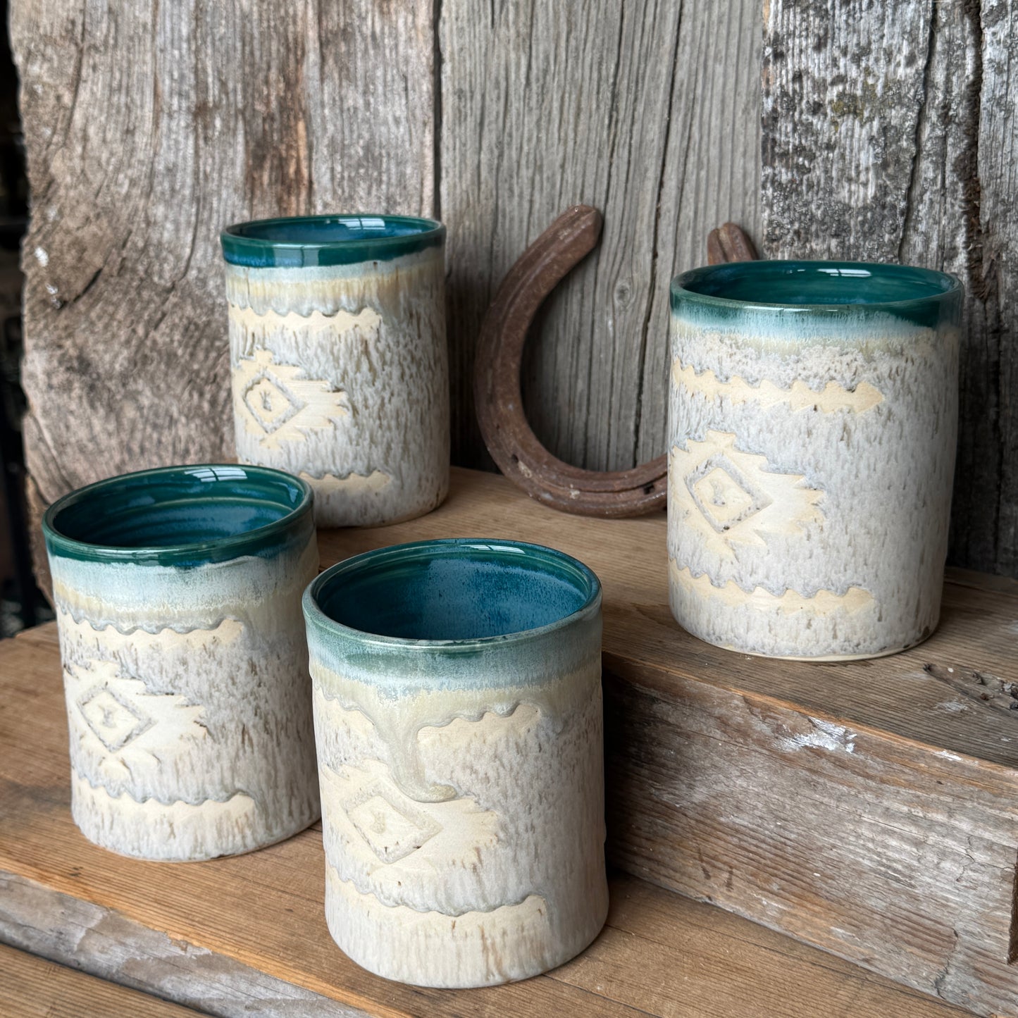 Cup Set of 4 - Southwestern Speckle park and Turquoise Green