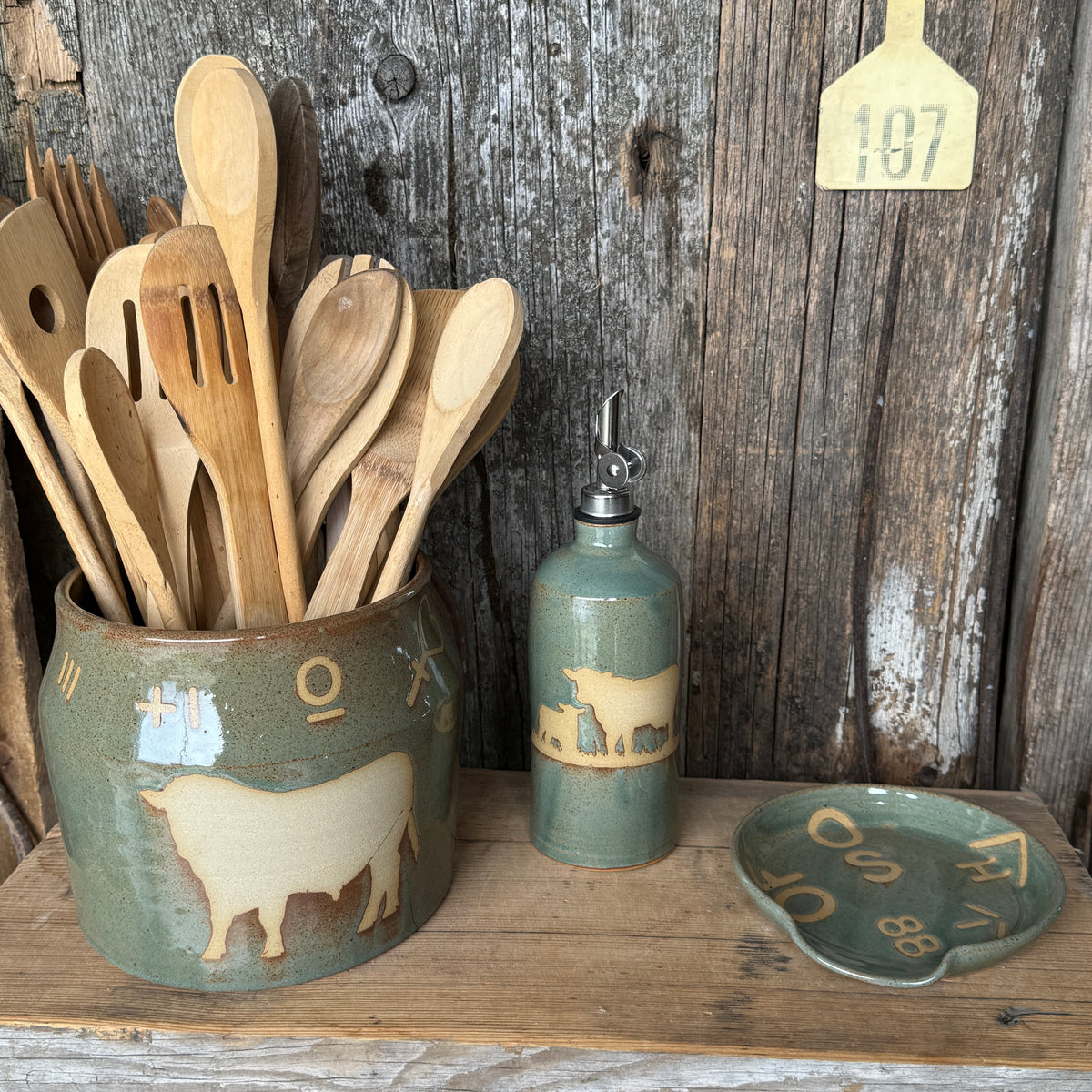 Kitchen Utensil Crock, spoon rest and oil bottle- Sagebrush Branded Cattle