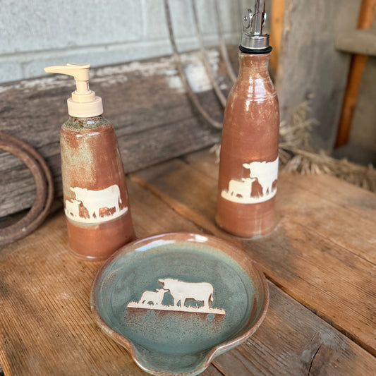 Set of 3: soap dispenser, oil bottle and spoon rest