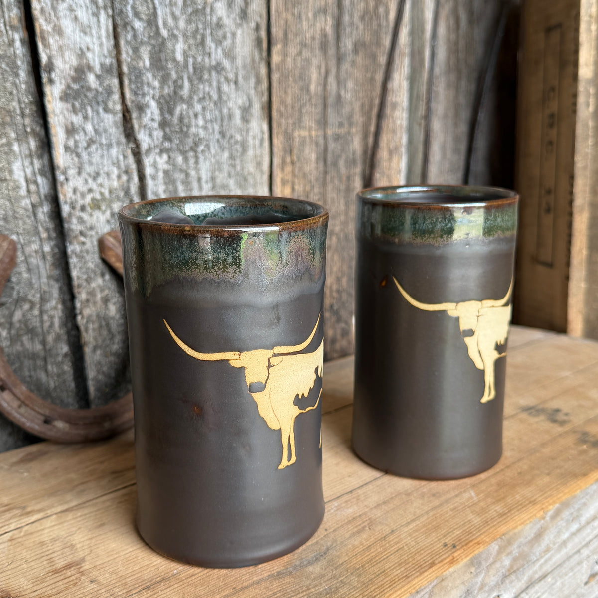 Cup Set of 2- Texas Longhorn Leather