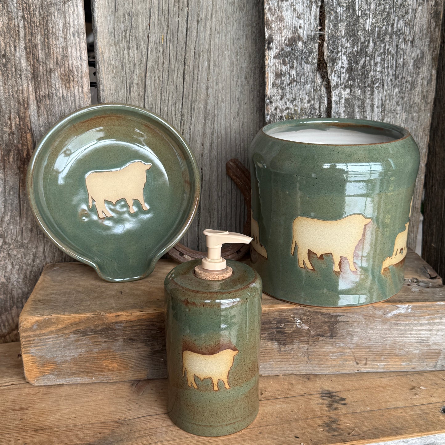 Kitchen Utensil Crock, spoon rest and soap dispenser Cow Calf Sagebrush