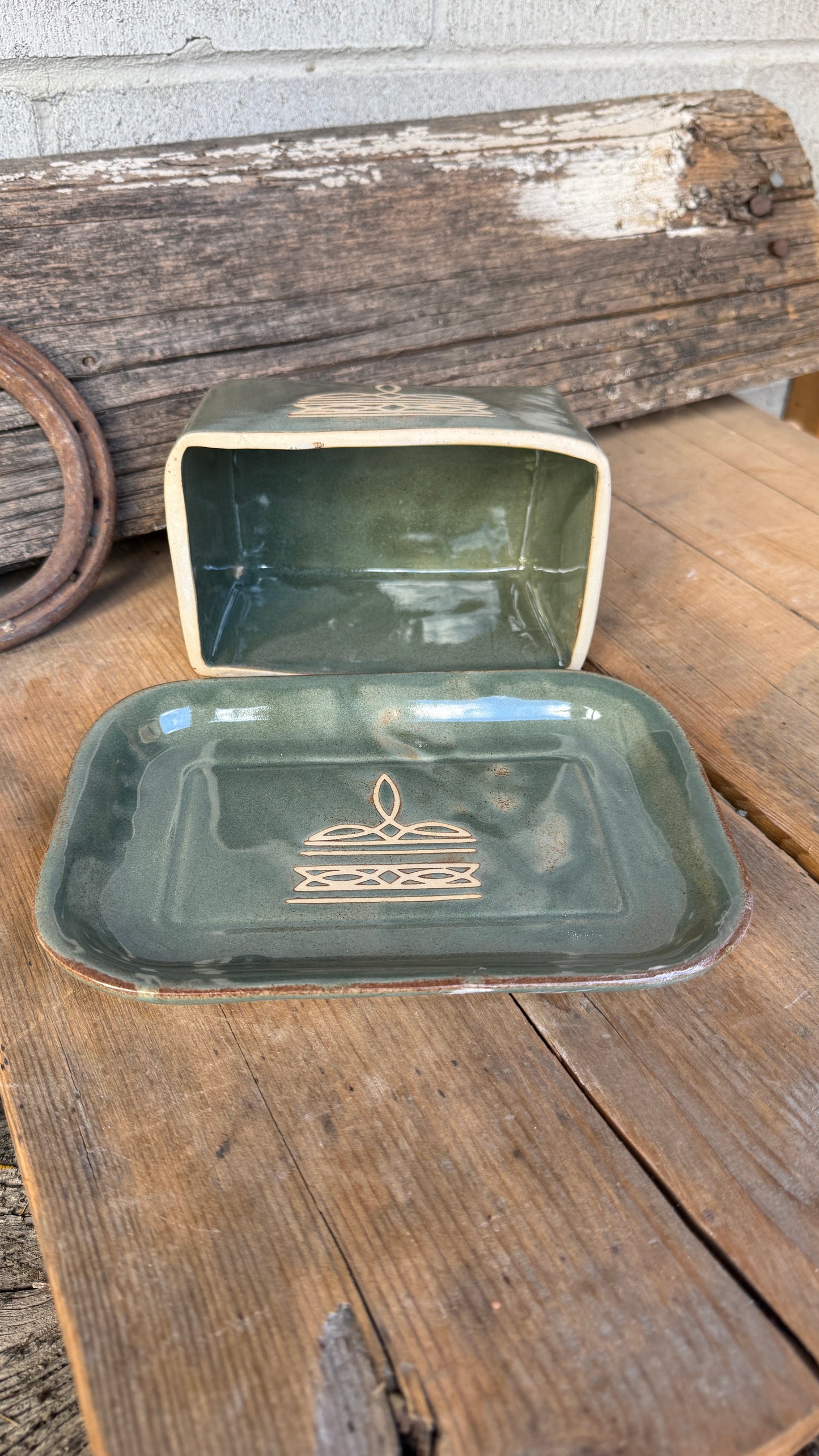 Set- Bootstitch Butter dish, soap dispenser and oil bottle