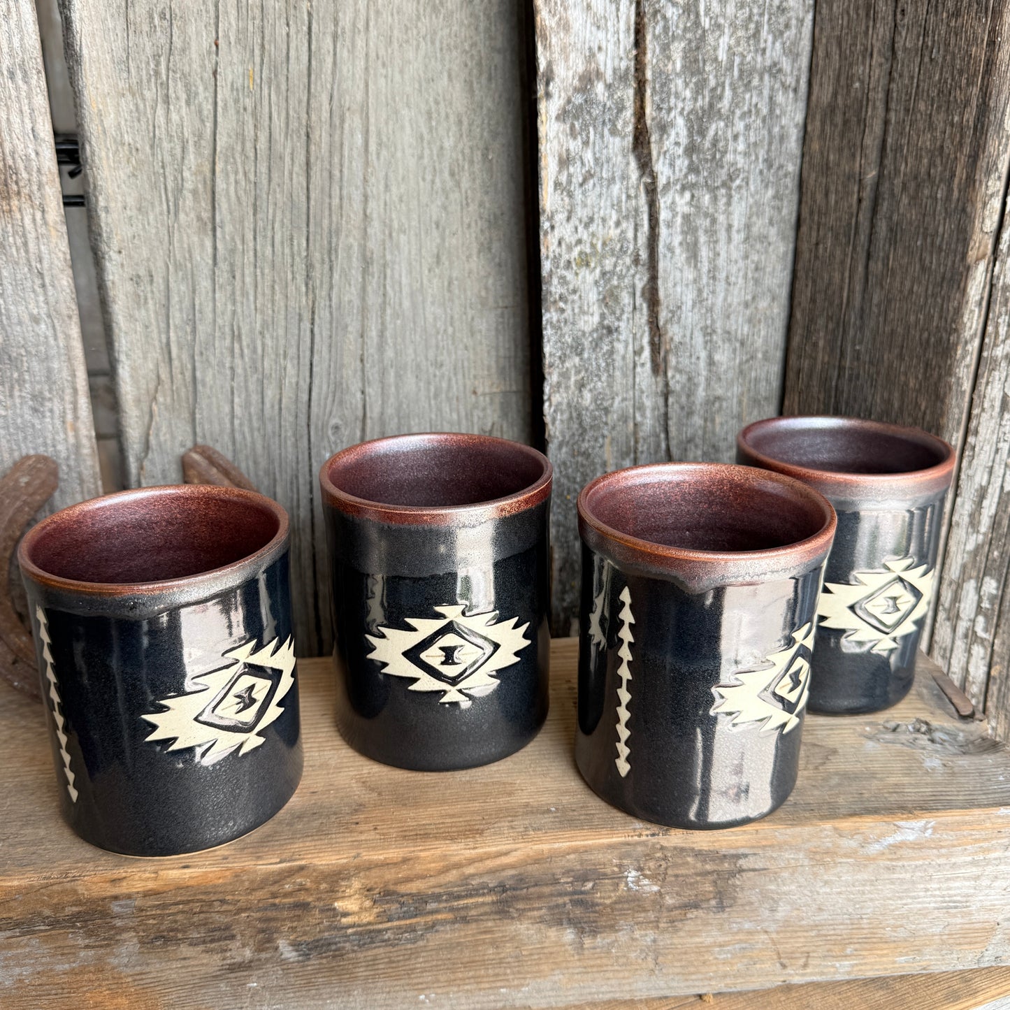 Cup Set of 4 - southwestern copper and gun medal