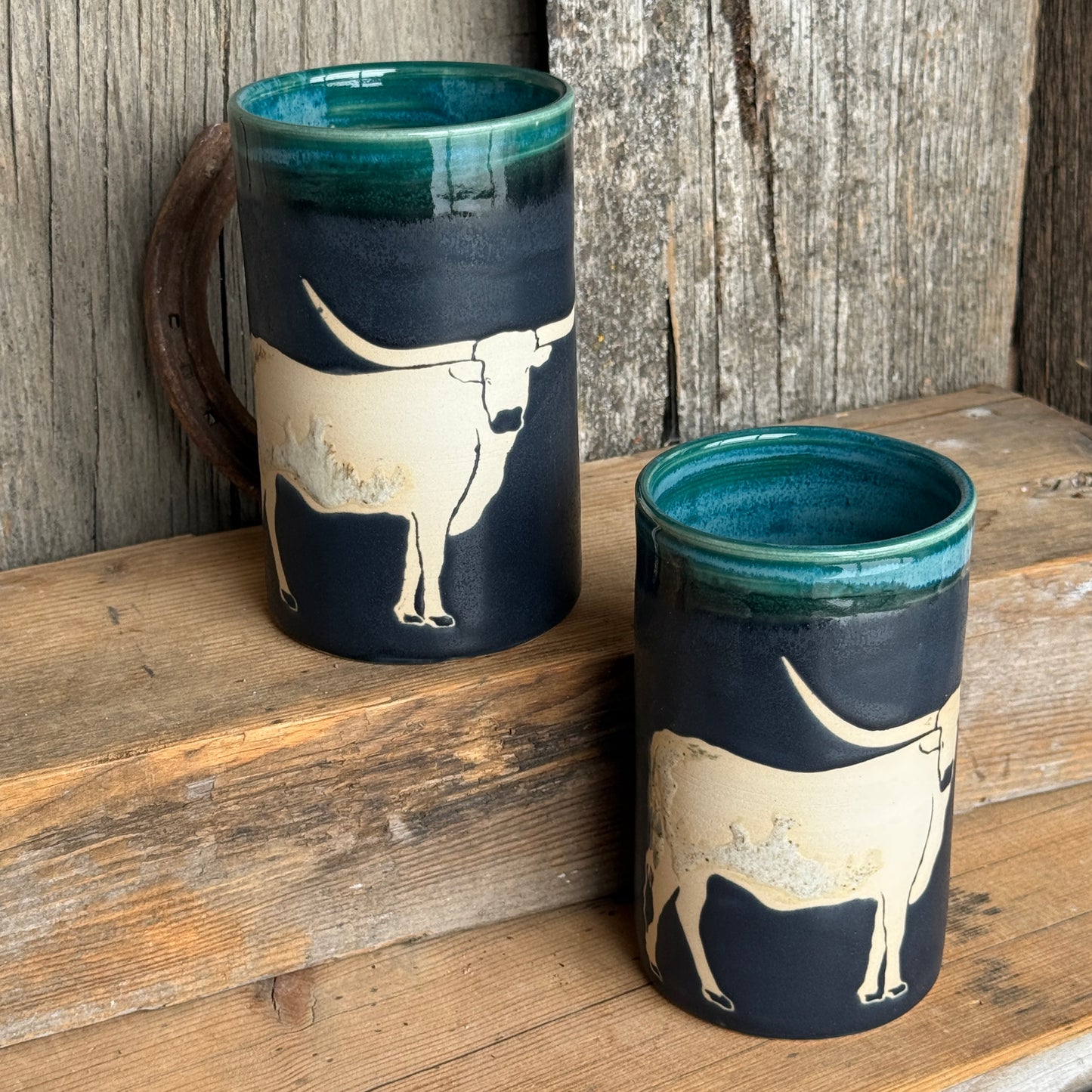 Cup Set of 2- Texas Longhorn Turquoise and Black