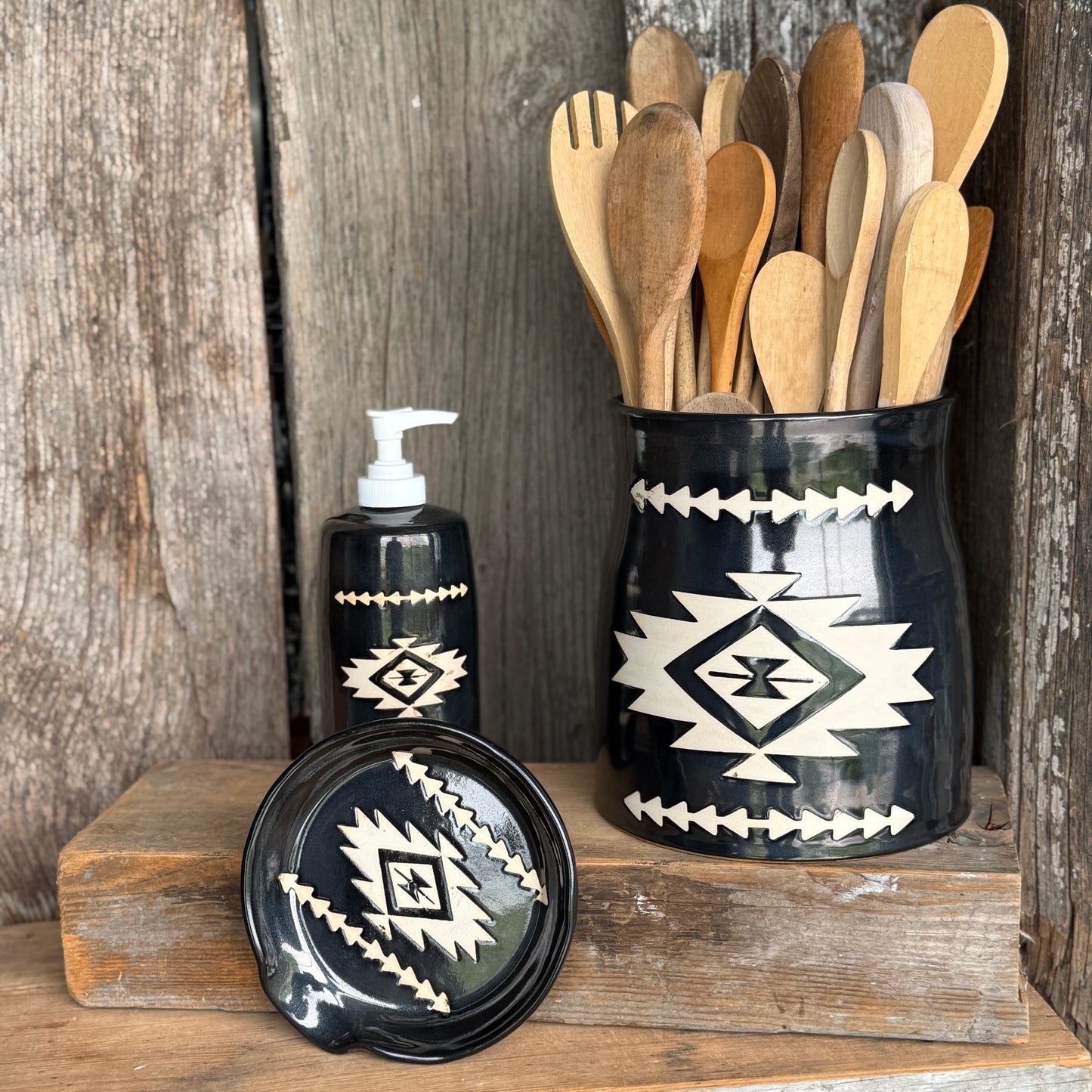 Kitchen Utensil Crock, spoon rest and soap dispenser- gunmetal southwestern