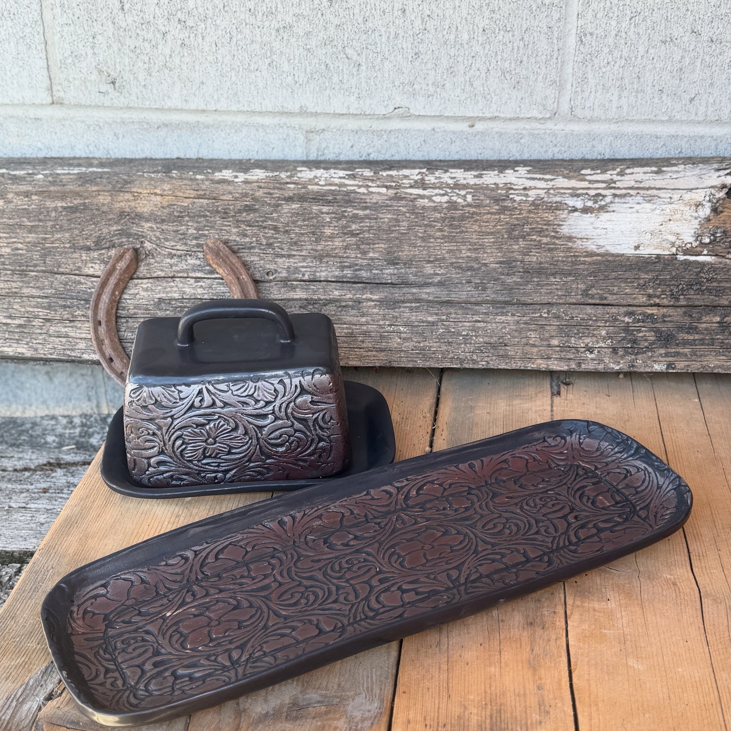 15” Stamped Leather Serving Platter and Butter Dish Set