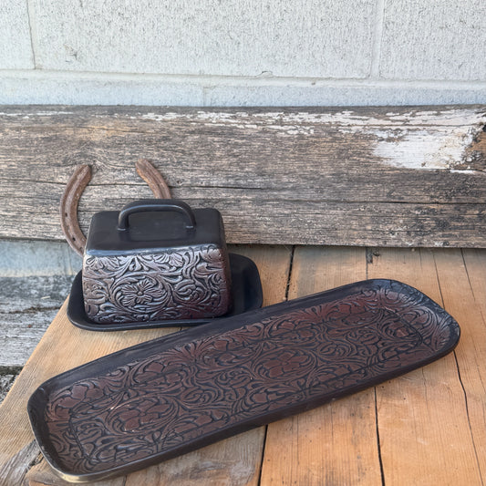 15” Stamped Leather Serving Platter and Butter Dish Set