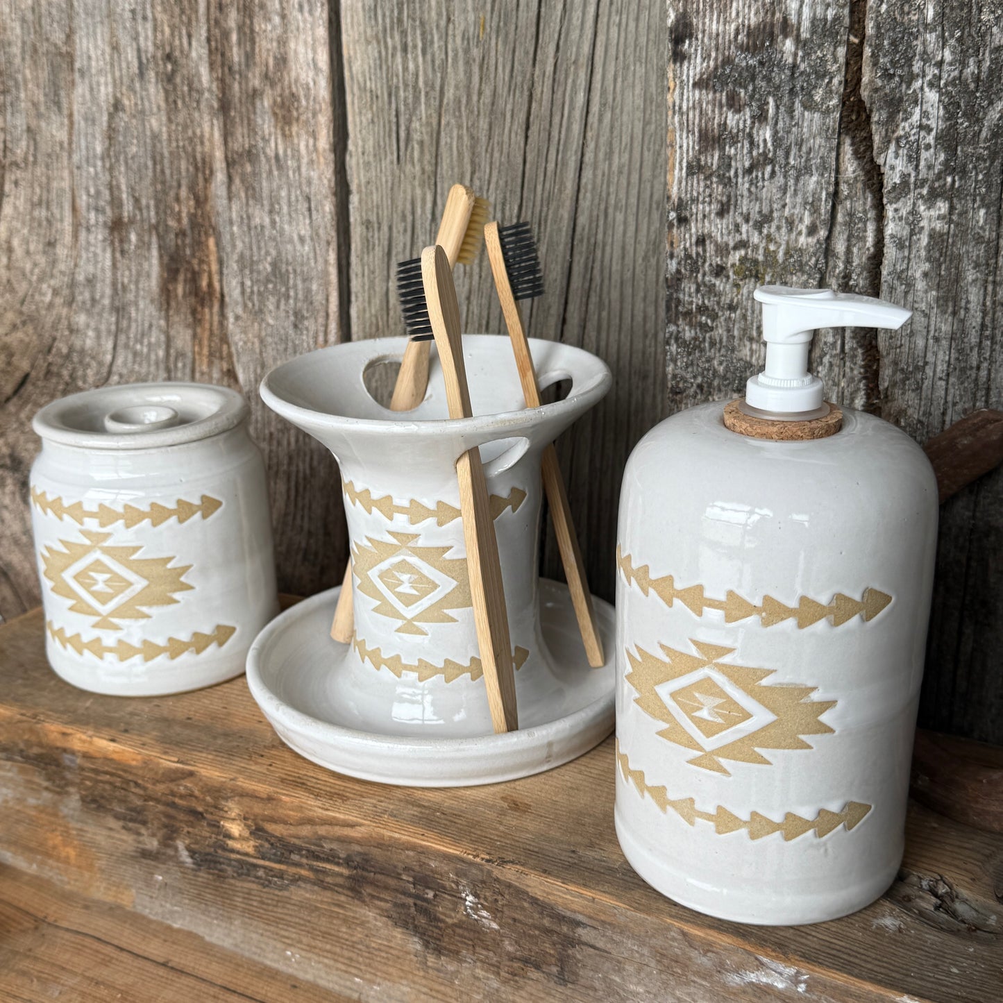 Bathroom Set of 3 - Soap Bottle, canister, and toothbrush holder - Southwestern White