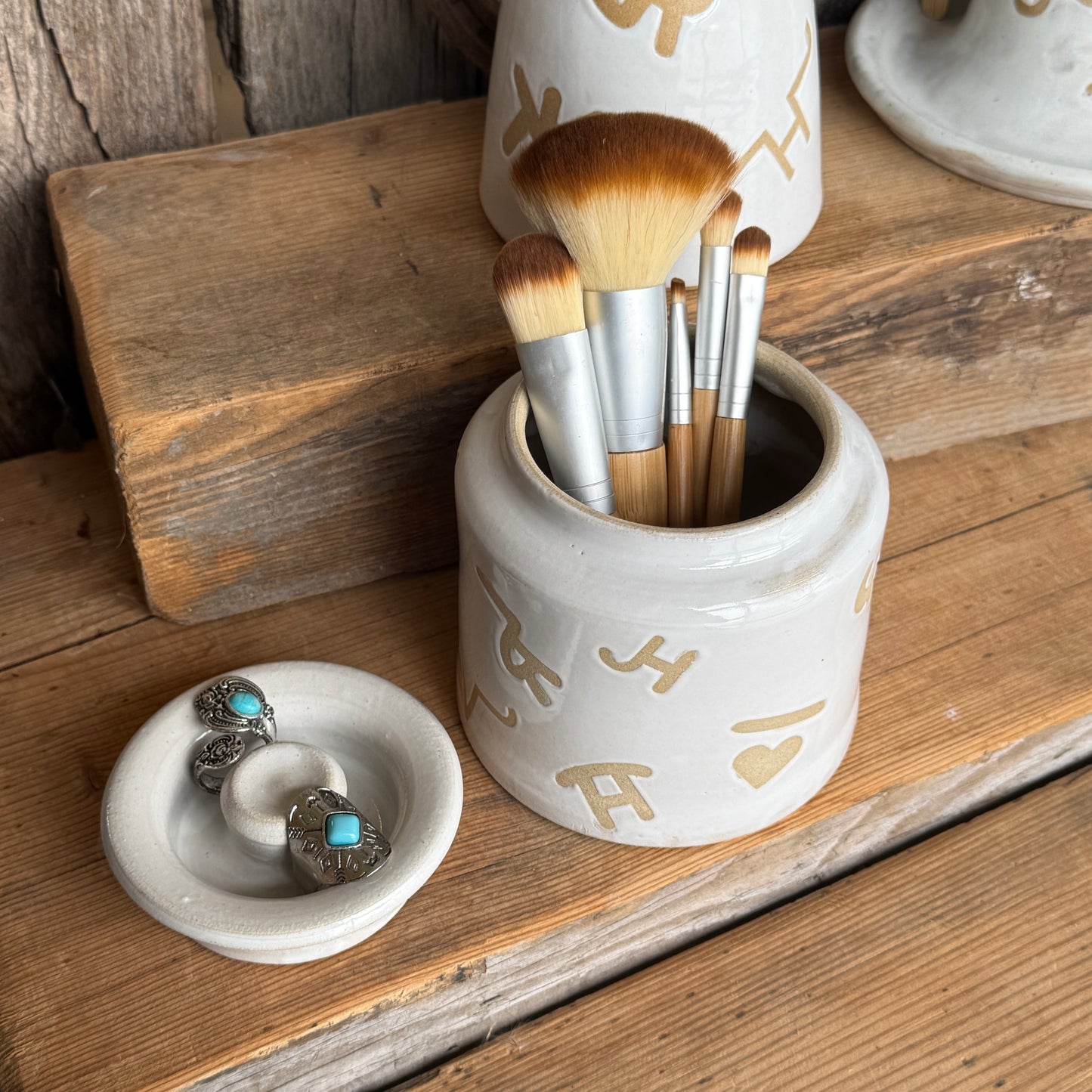 Bathroom Set of 3 - Soap Bottle, canister, and toothbrush holder - Branded White