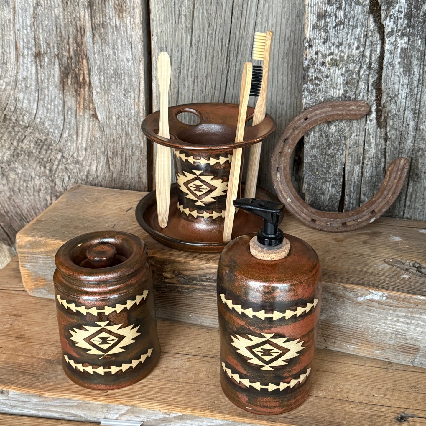 Bathroom Set of 3 - Soap Bottle, canister, and toothbrush holder - Southwestern Copper