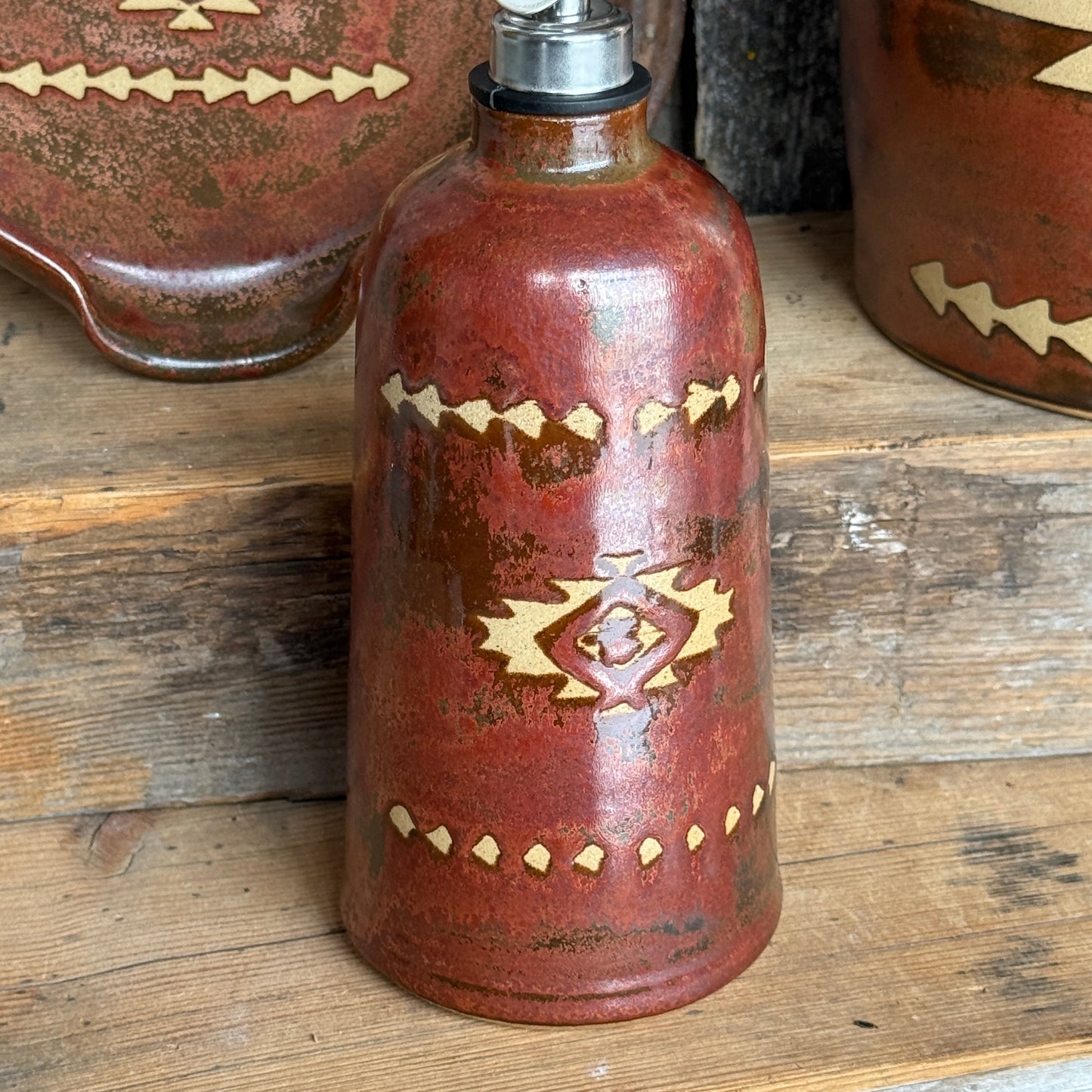 Kitchen Utensil Crock, spoon rest and Oil Bottle - Southwestern Copper