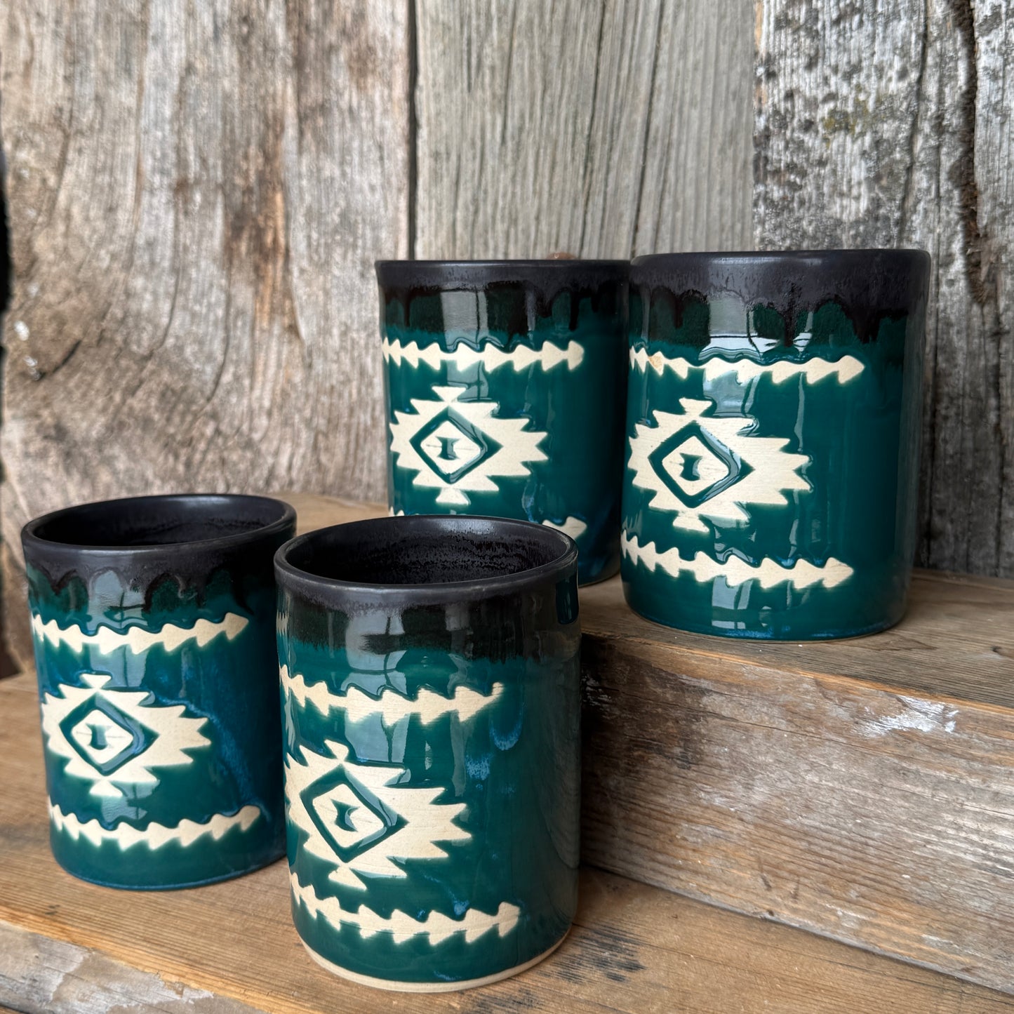 Cup Set of 4 - Southwestern Black and Turquoise Green