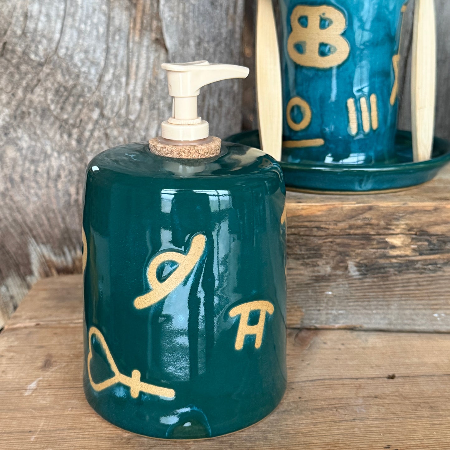Bathroom Set of 3 - Soap Bottle, canister, and toothbrush holder - Branded Green Turquoise