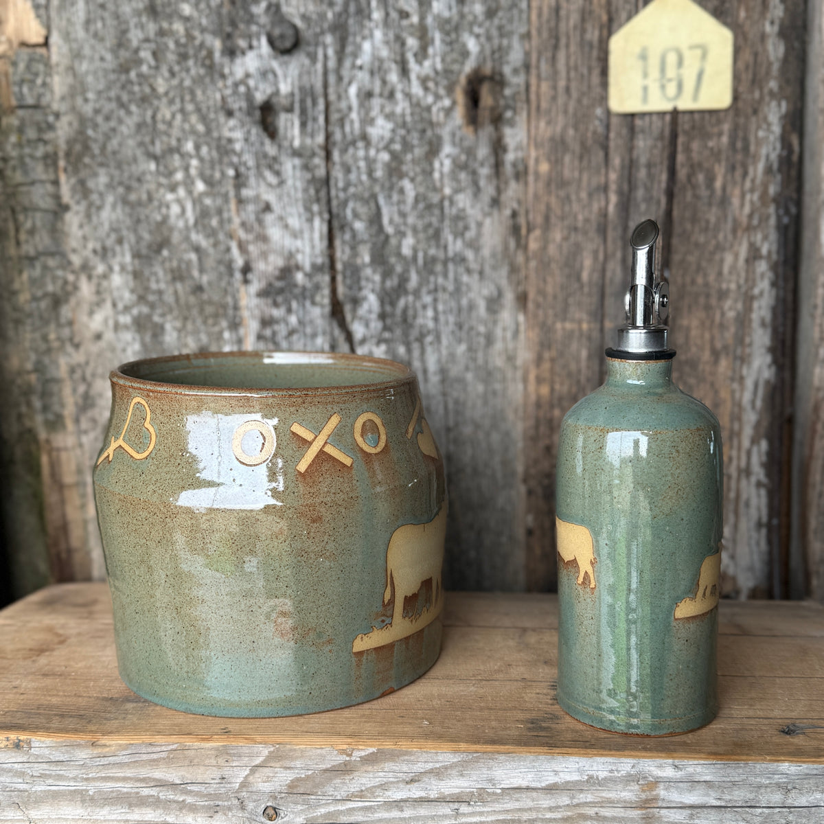 Kitchen Utensil Crock, spoon rest and oil bottle- Sagebrush Branded Cattle