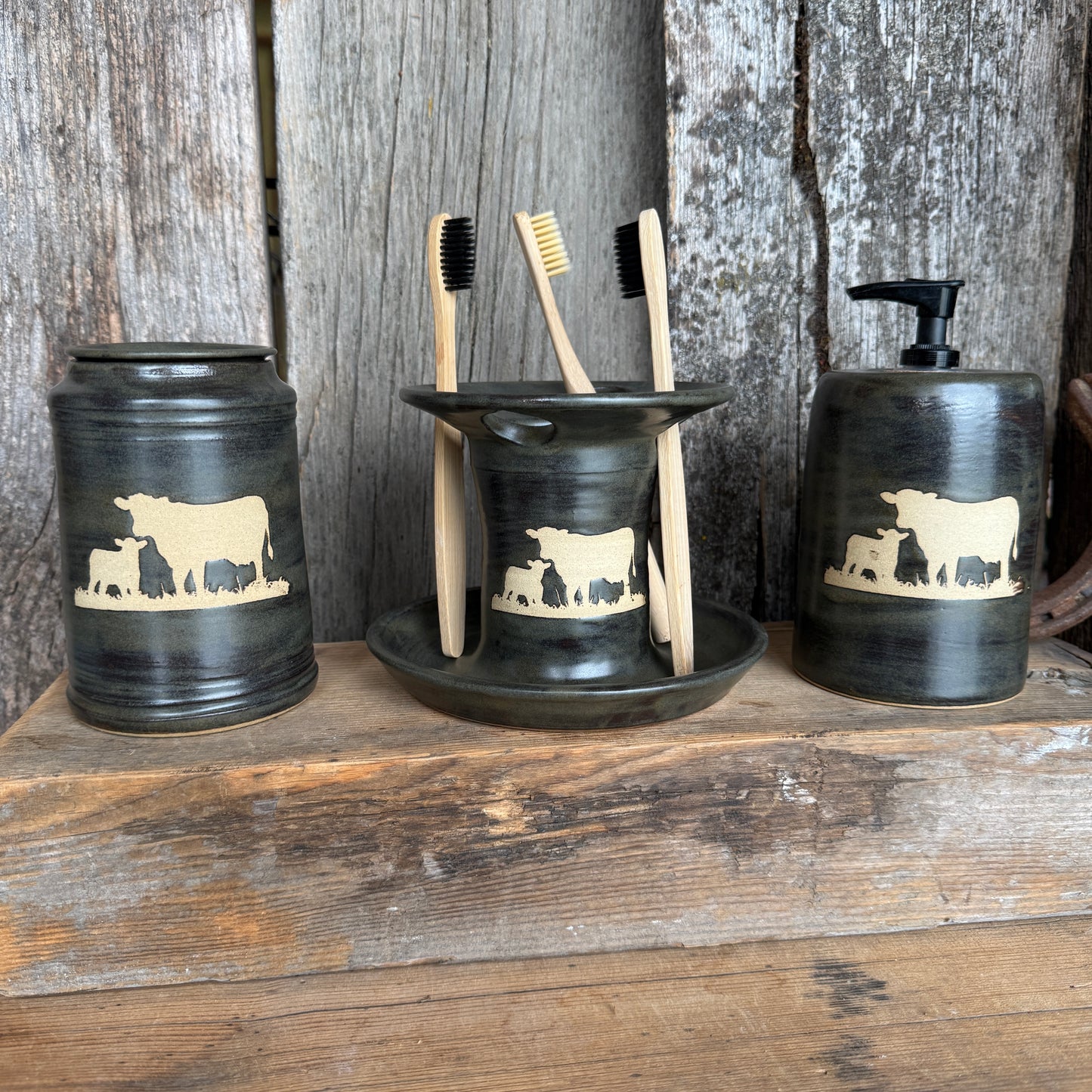 Bathroom Set of 3 - Soap Bottle, canister, and toothbrush holder - Cattle Chicory