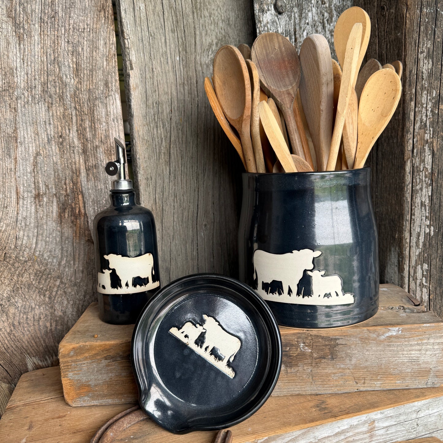 Kitchen Utensil Crock, spoon rest and soap dispenser- gunmetal cattle