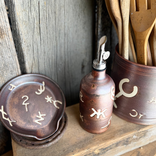 Kitchen Utensil Crock, spoon rest and Oil Bottle - Copper Branded