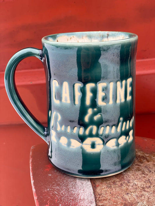 Caffeine and Banamine mug - Turquoise and Birch 13oz