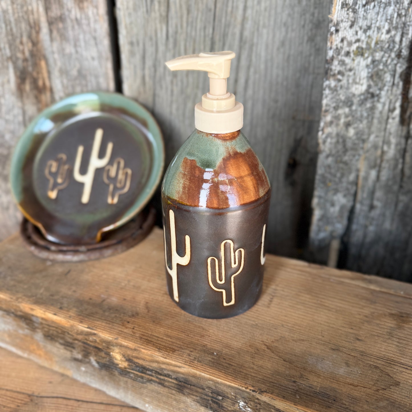 Soap dispenser and spoon rest -  Cactus Sagebrush and Leather