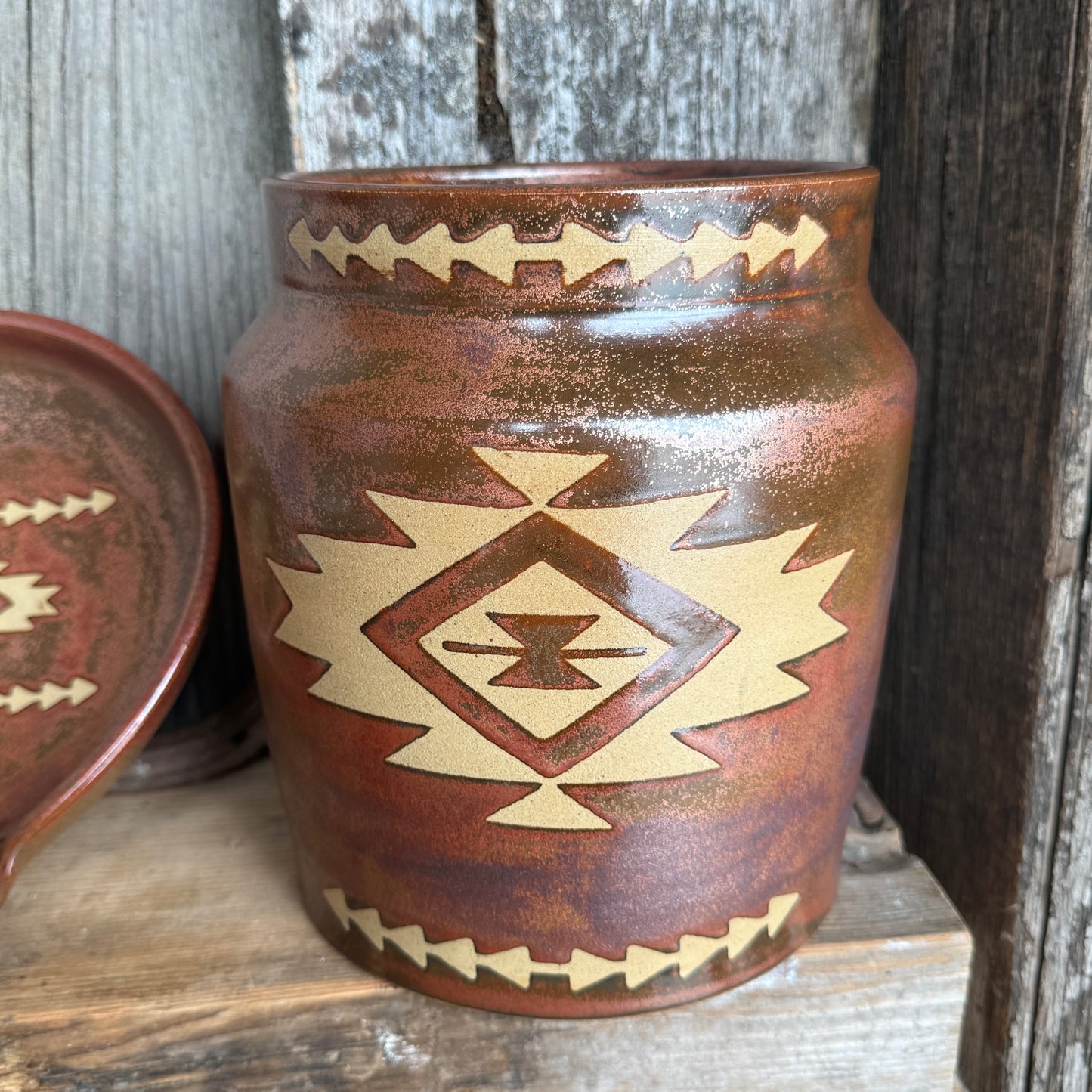 Kitchen Utensil Crock, spoon rest and Oil Bottle - Southwestern Copper