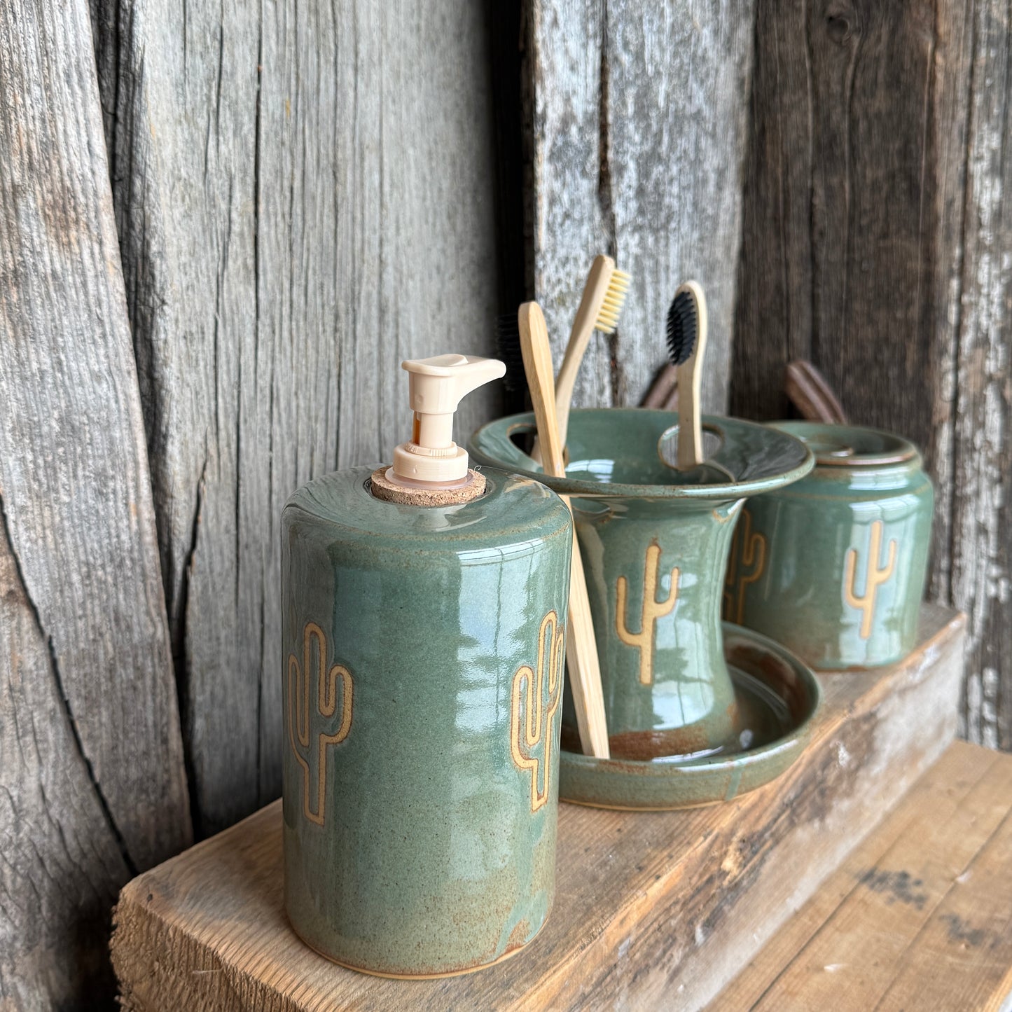 Bathroom Set of 3 - Soap Bottle, canister, and toothbrush holder - Sagebrush Cactus