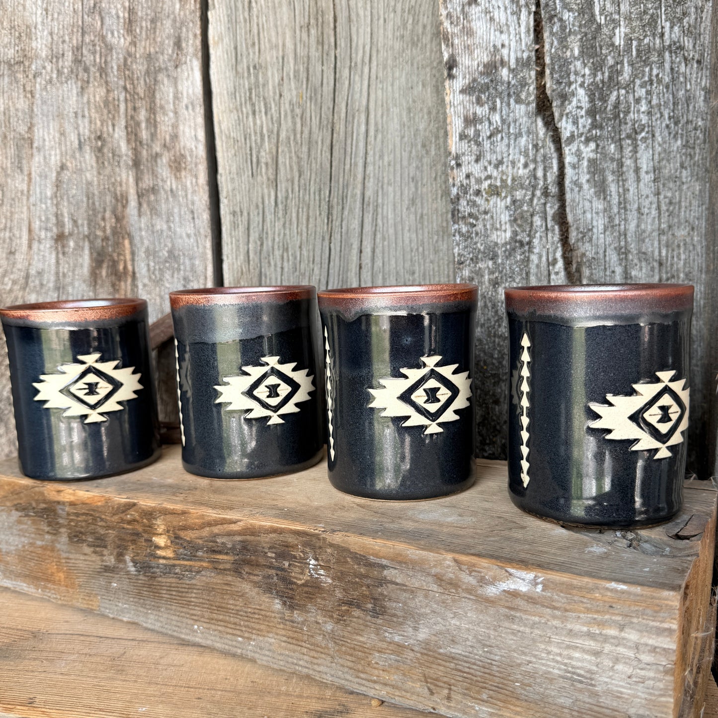 Cup Set of 4 - southwestern copper and gun medal