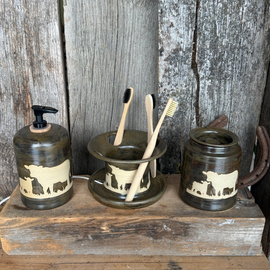 Bathroom Set of 3 - Soap Bottle, canister, and toothbrush holder (regular and electric)  - Cow Calf