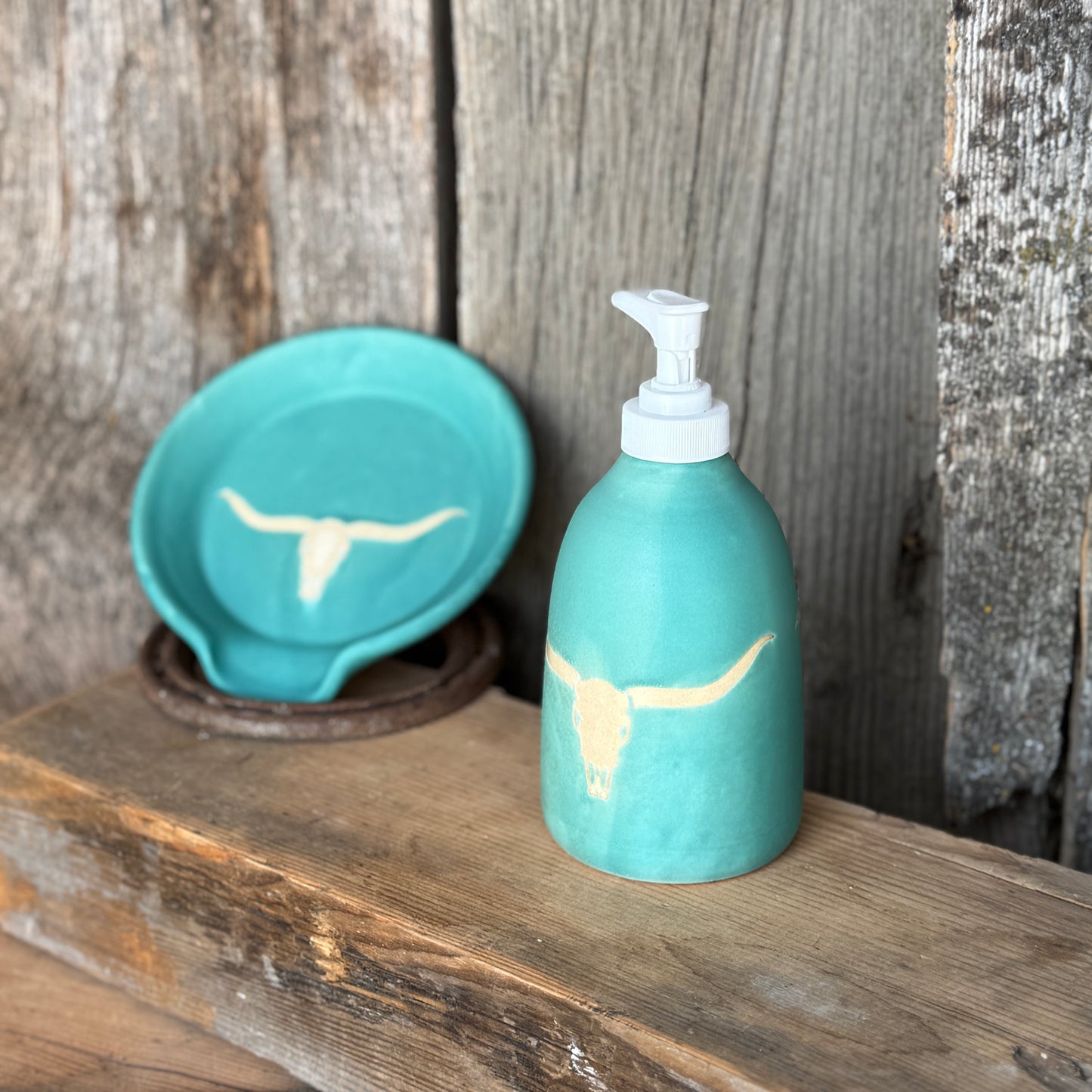 Soap dispenser and spoon rest -  longhorn skull in turquoise