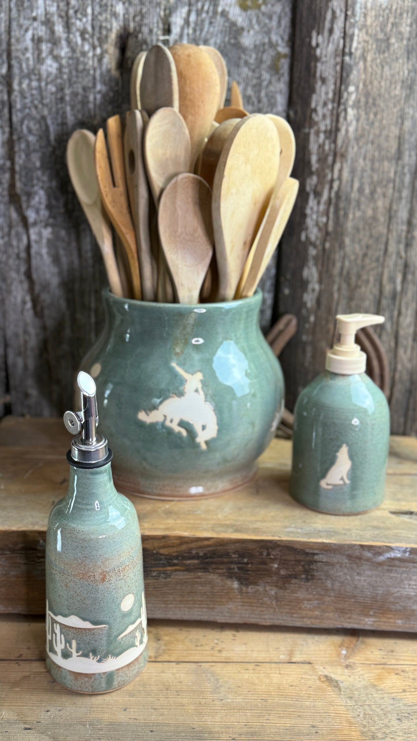 Kitchen crock set with oil and soap bottle- Desert Sagebrush