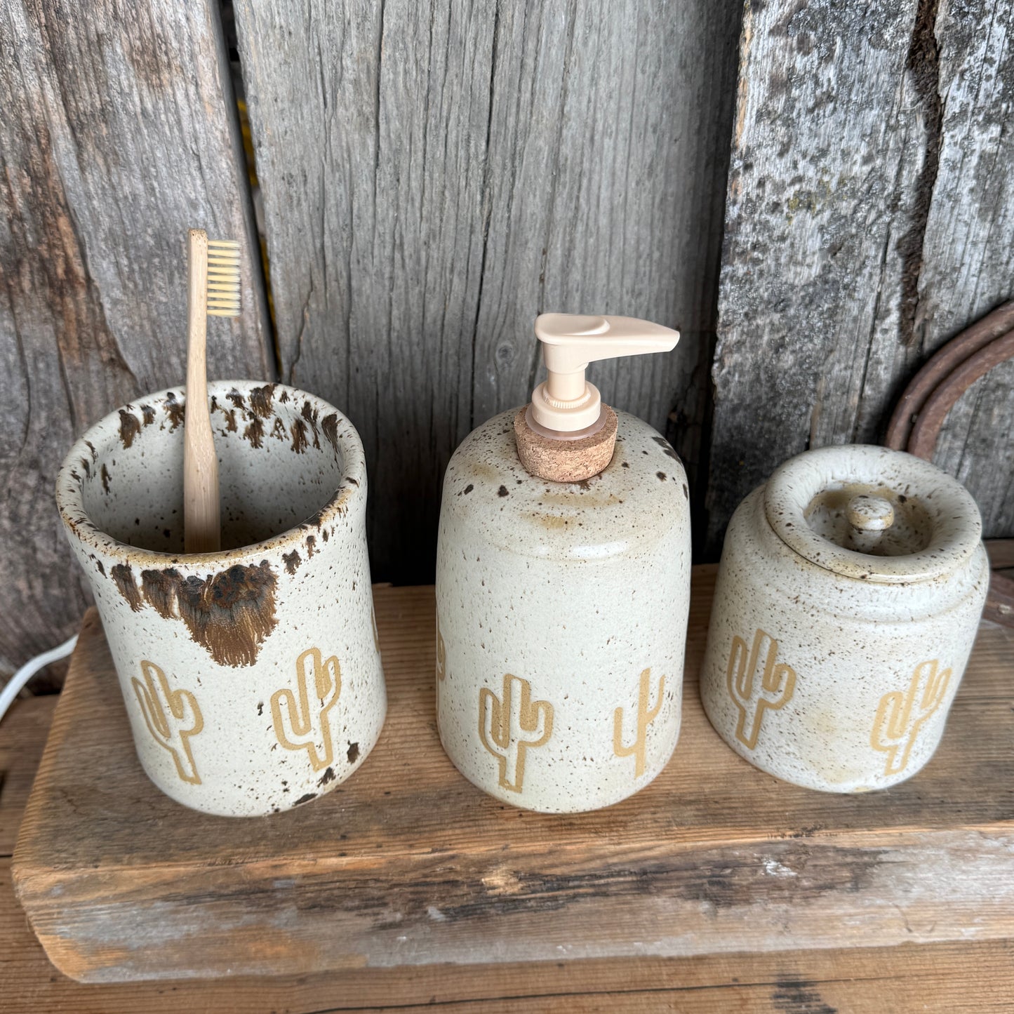 Bathroom Set of 3 - Soap Bottle, canister, and electic toothbrush holder - Cactus Speckle Park