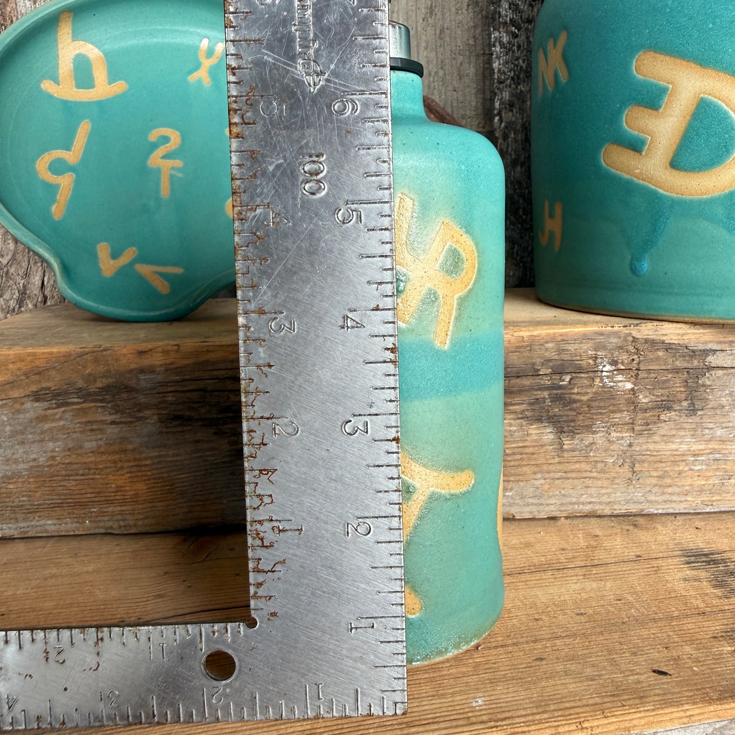 Kitchen Utensil Crock, spoon rest and Oil Bottle - Branded Turquoise