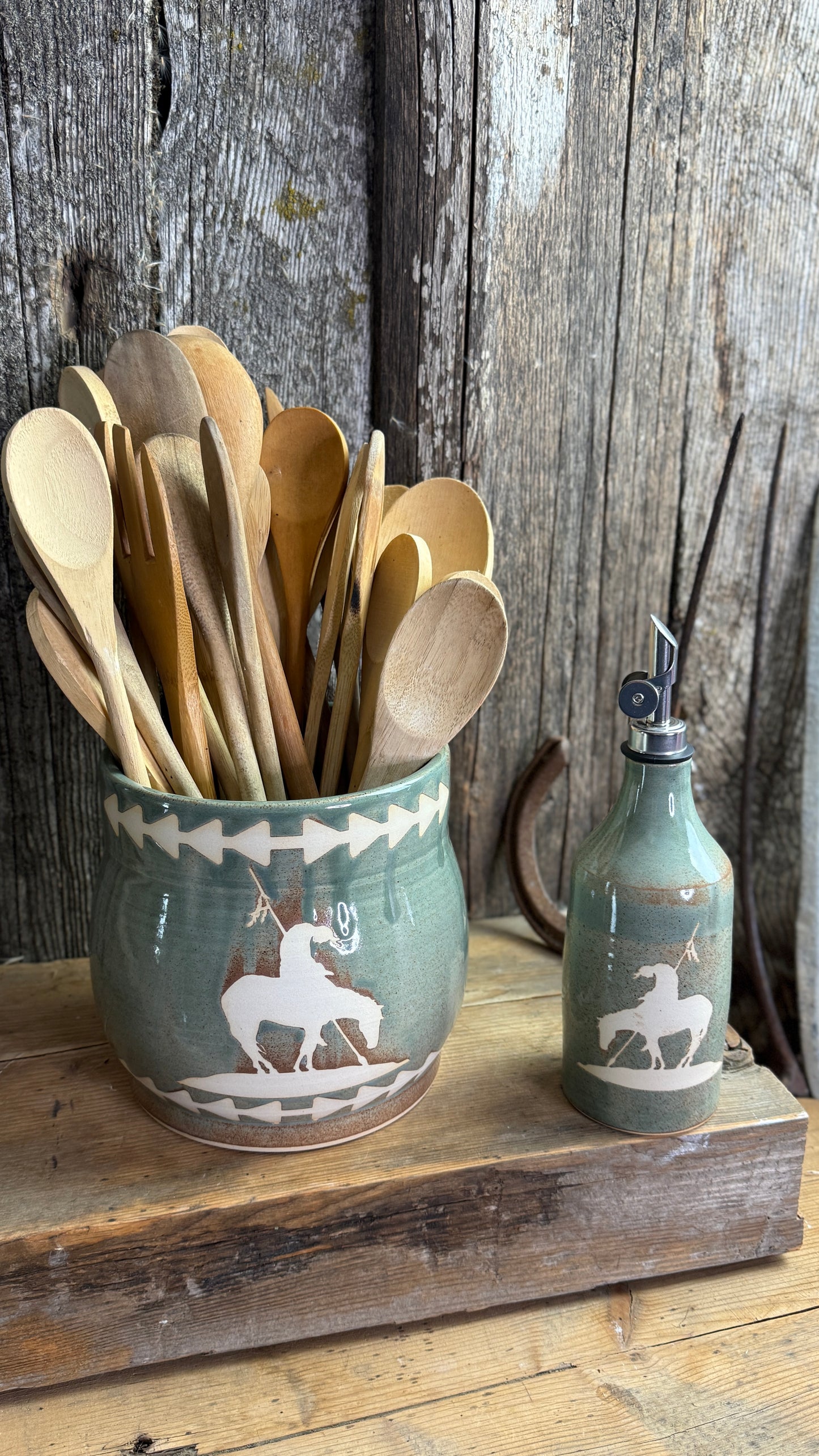 Kitchen Utensil Crock and oil bottle  dispenser - End of the Trail