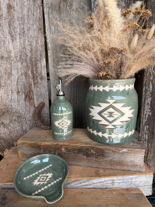 Kitchen Utensil Crock, spoon rest and Oil Bottle - sagebrush southwestern