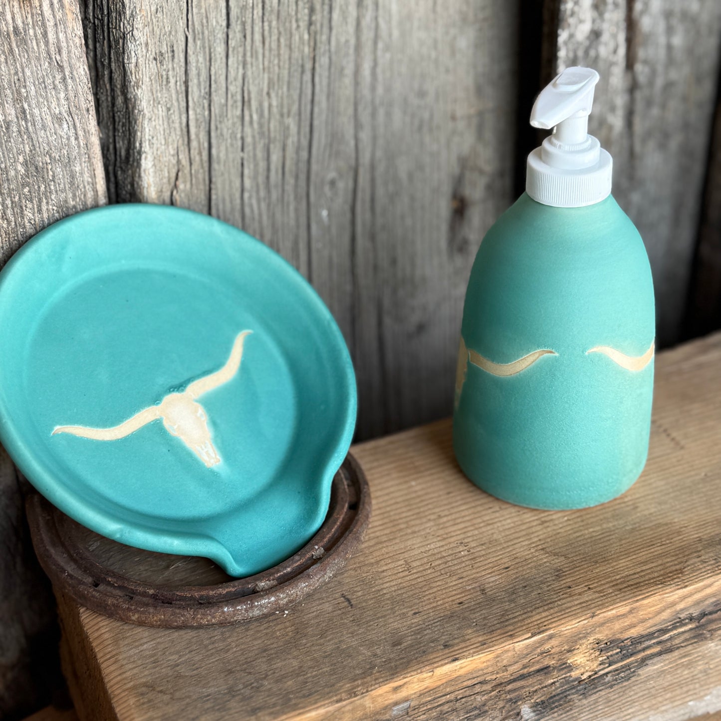 Soap dispenser and spoon rest -  longhorn skull in turquoise