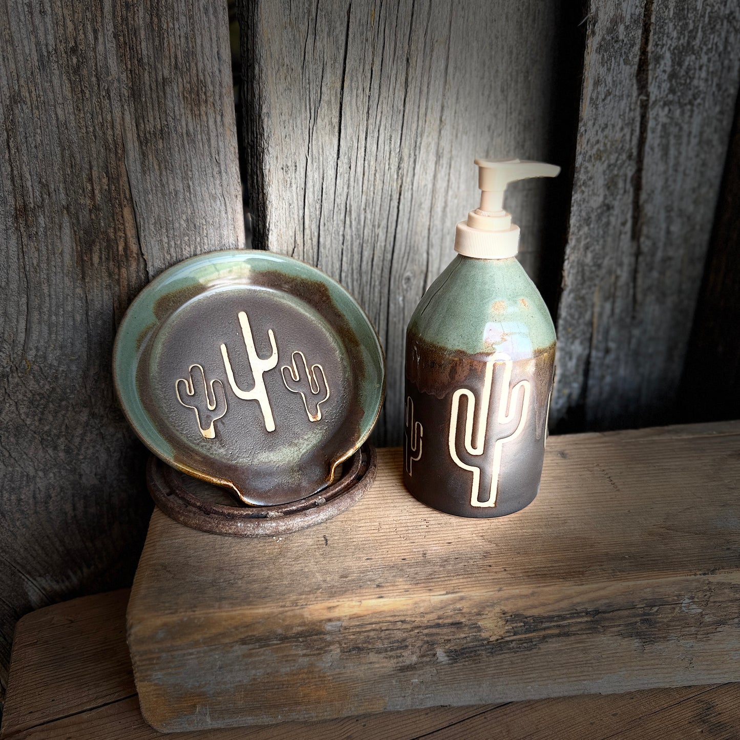 Soap dispenser and spoon rest -  Cactus Sagebrush and Leather