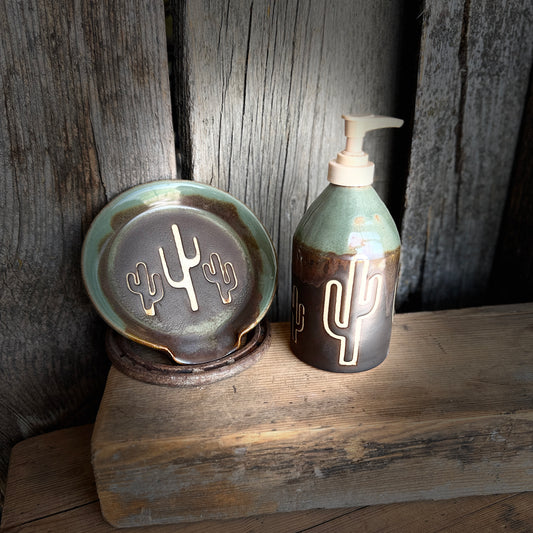 Soap dispenser and spoon rest -  Cactus Sagebrush and Leather