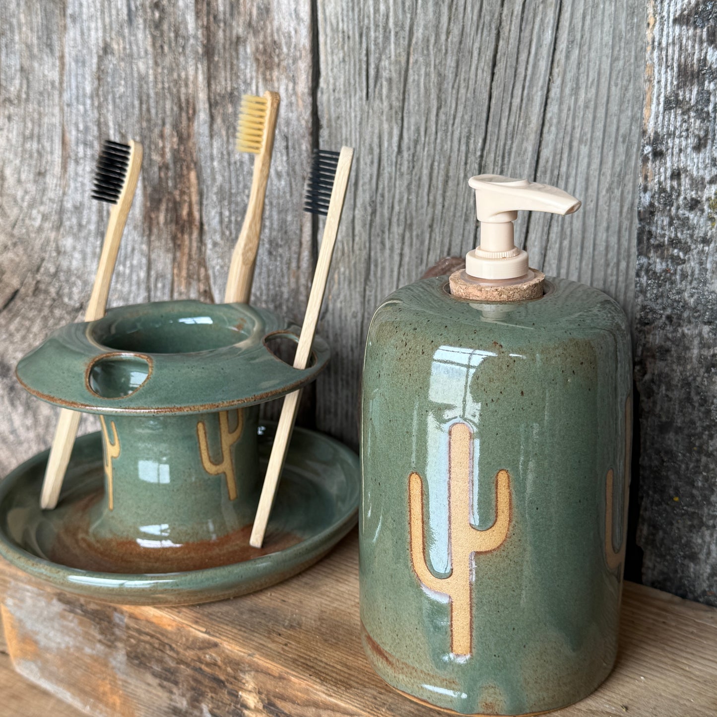 Bathroom Set of 2 - Soap Bottle, toothbrush holder - Cactus Sagebrush