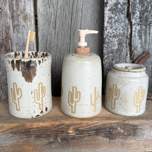 Bathroom Set of 3 - Soap Bottle, canister, and electic toothbrush holder - Cactus Speckle Park