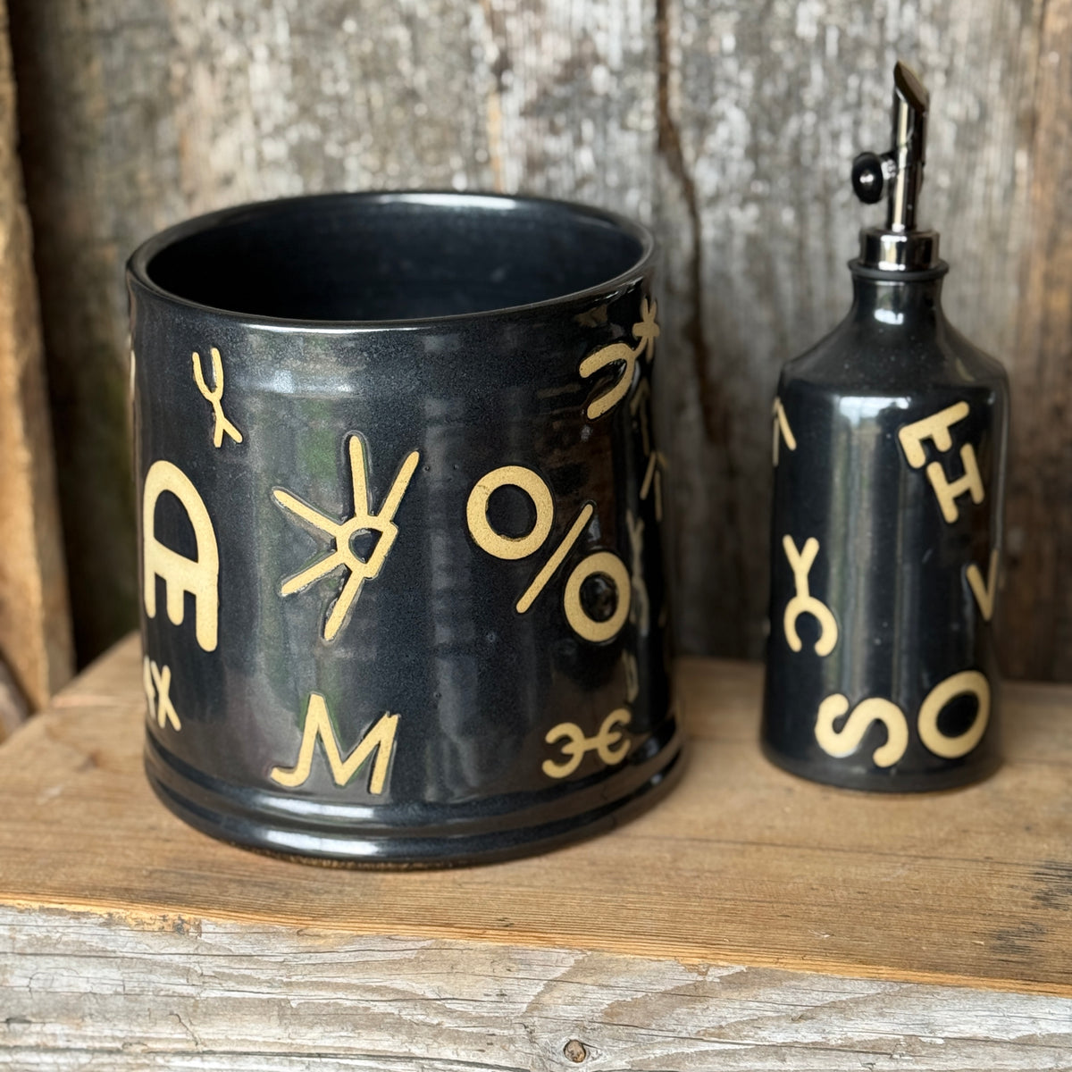 Kitchen Utensil Crock, spoon rest and oil bottle- Gunmetal Branded