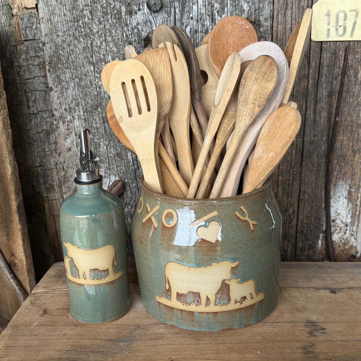 Kitchen Utensil Crock, spoon rest and oil bottle- Sagebrush Branded Cattle